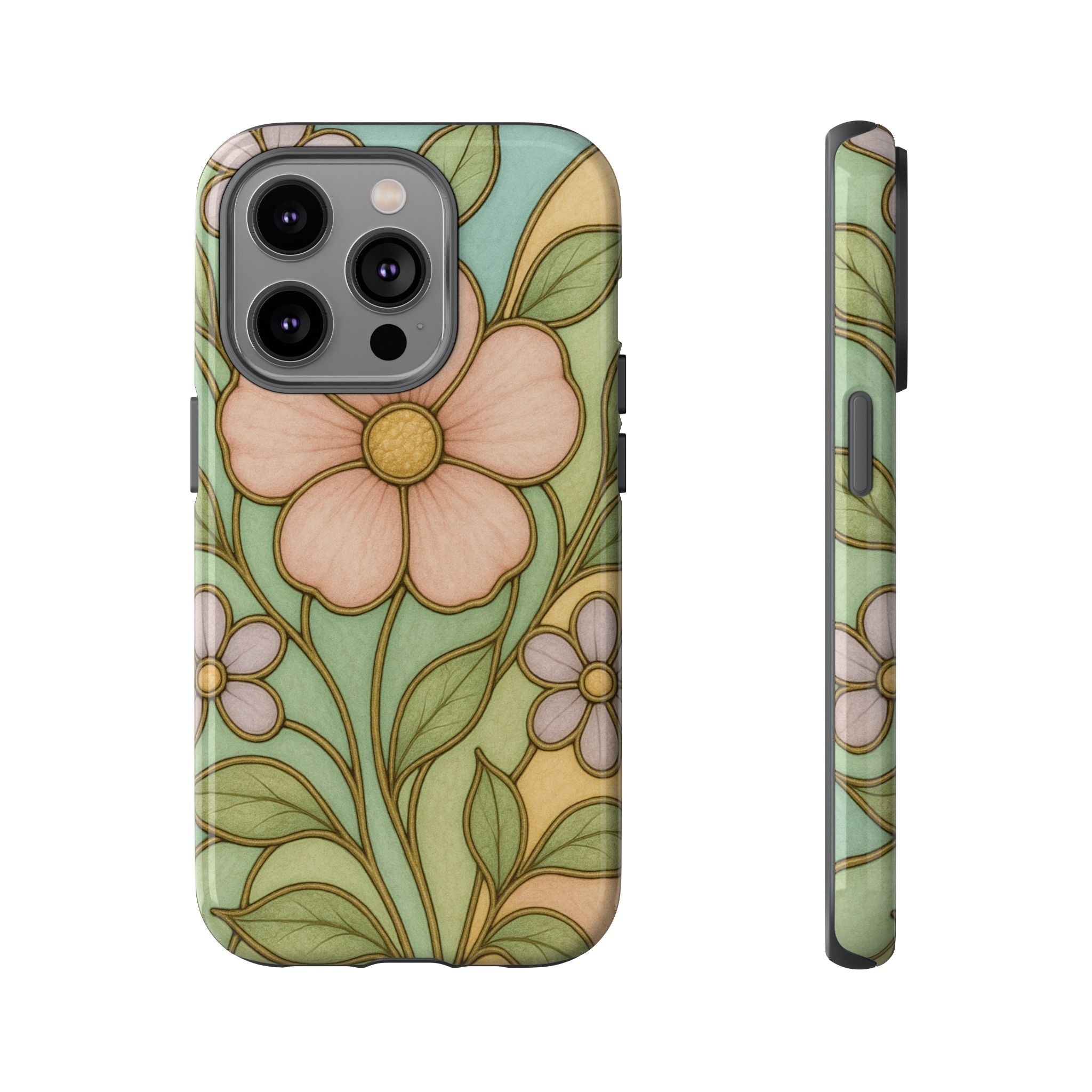 Pastel Pink, Yellow Stain Glass Illusion Floral Phone Case  Romantic Cottagecore Aesthetic, Soft Botanical Design, Protective Gift for Her, Fits iPhone & Samsung Models