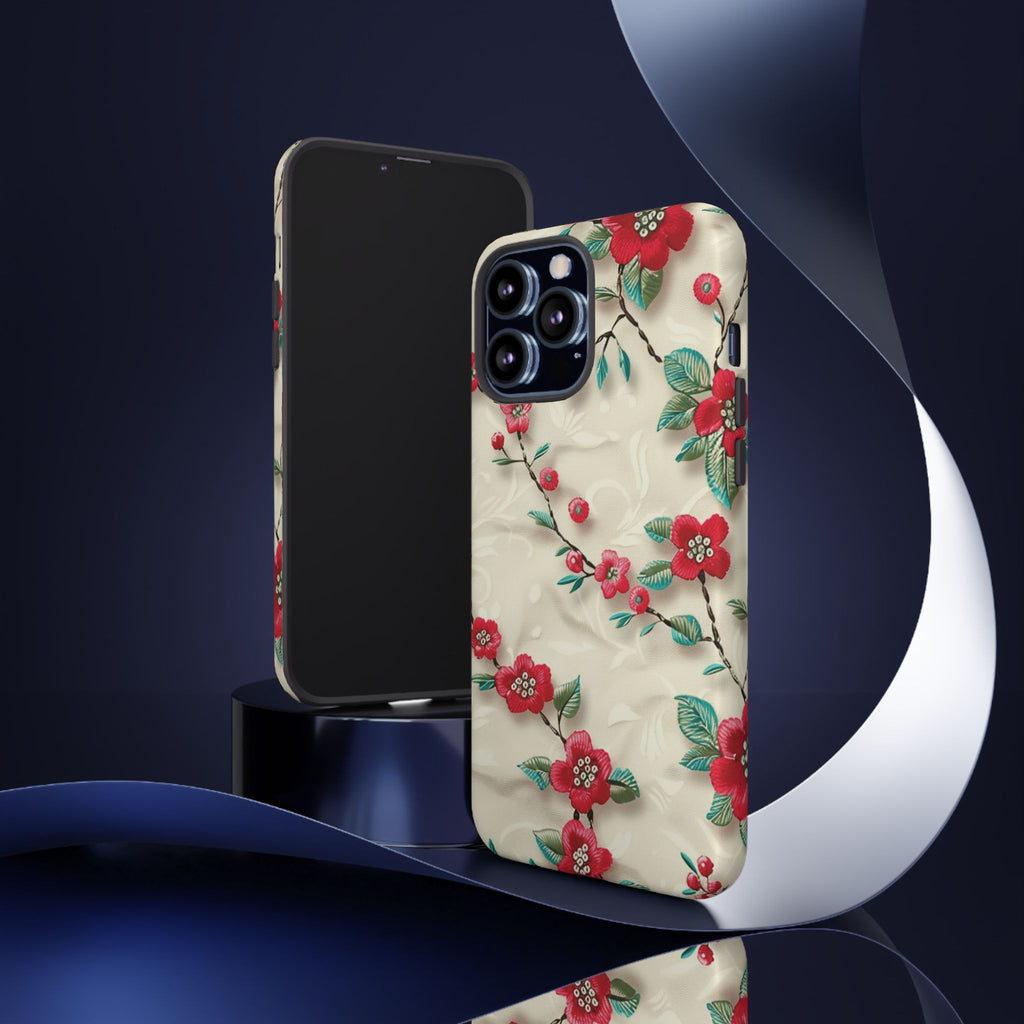 3D Embroidery Illusion Red Flowers Phone Case for iPhone, Samsung Pixel Artistic Floral Protection 15 14 13 12, 21 23 Gift for Her Perfect for Floral Lover