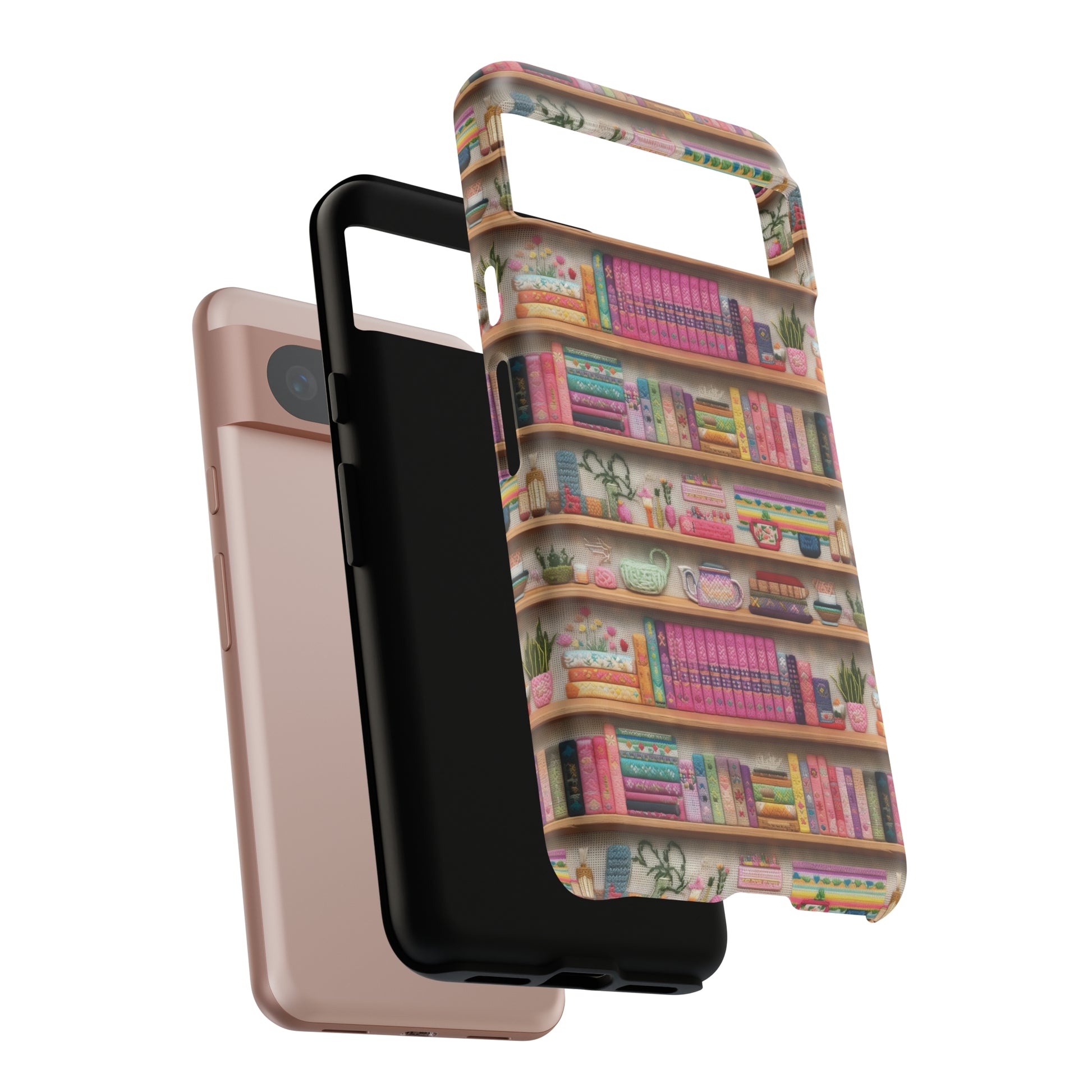 Phone Case 3D Illusion Books & Shelf Embroidery Design with Vibrant Colors Gift for Her Phone 15, Samsung iPhone Samsung Gift for Her Case iPhone 15, Samsung iPhone Samsung Accessory Gift for Her.