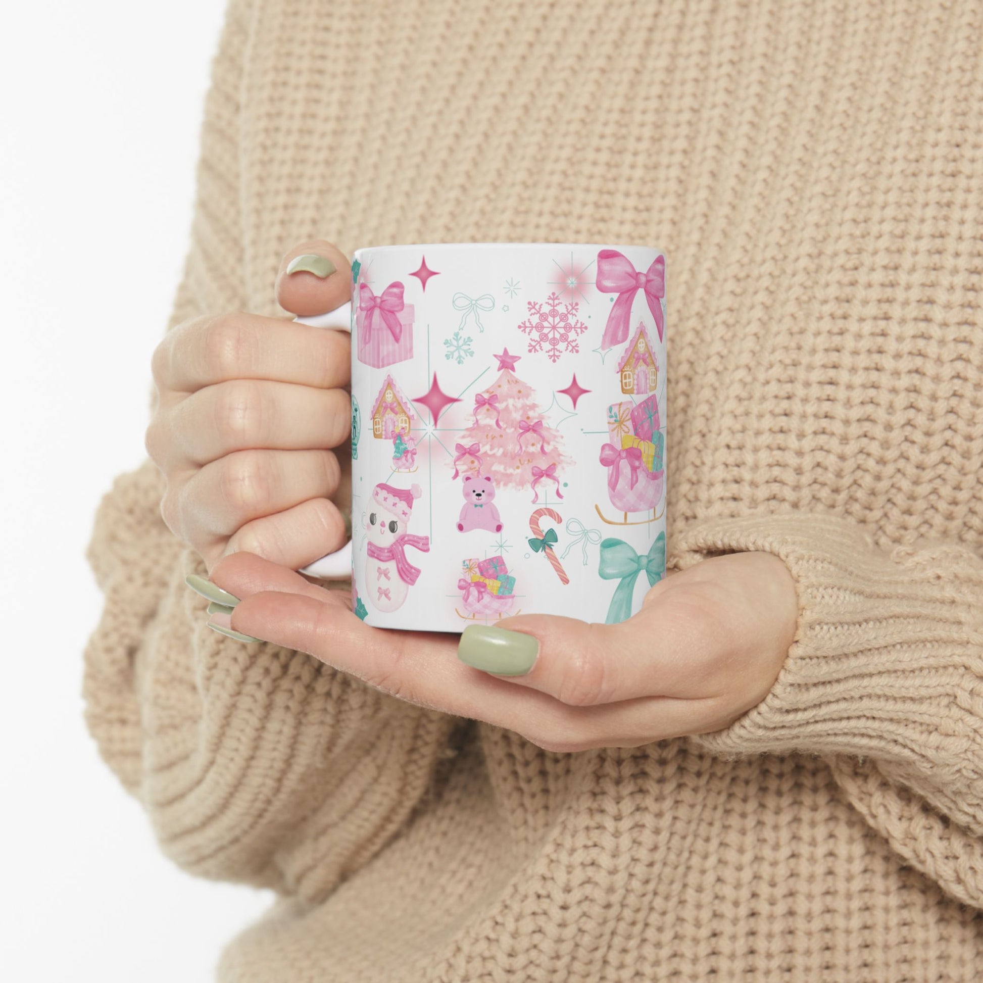 Glam Christmas Mug  Pink  Turquoise Holiday Coffee Cup, Festive Ceramic Mug in 11oz  15oz, Chic Gift for Hot Cocoa or Morning Lattes Mom