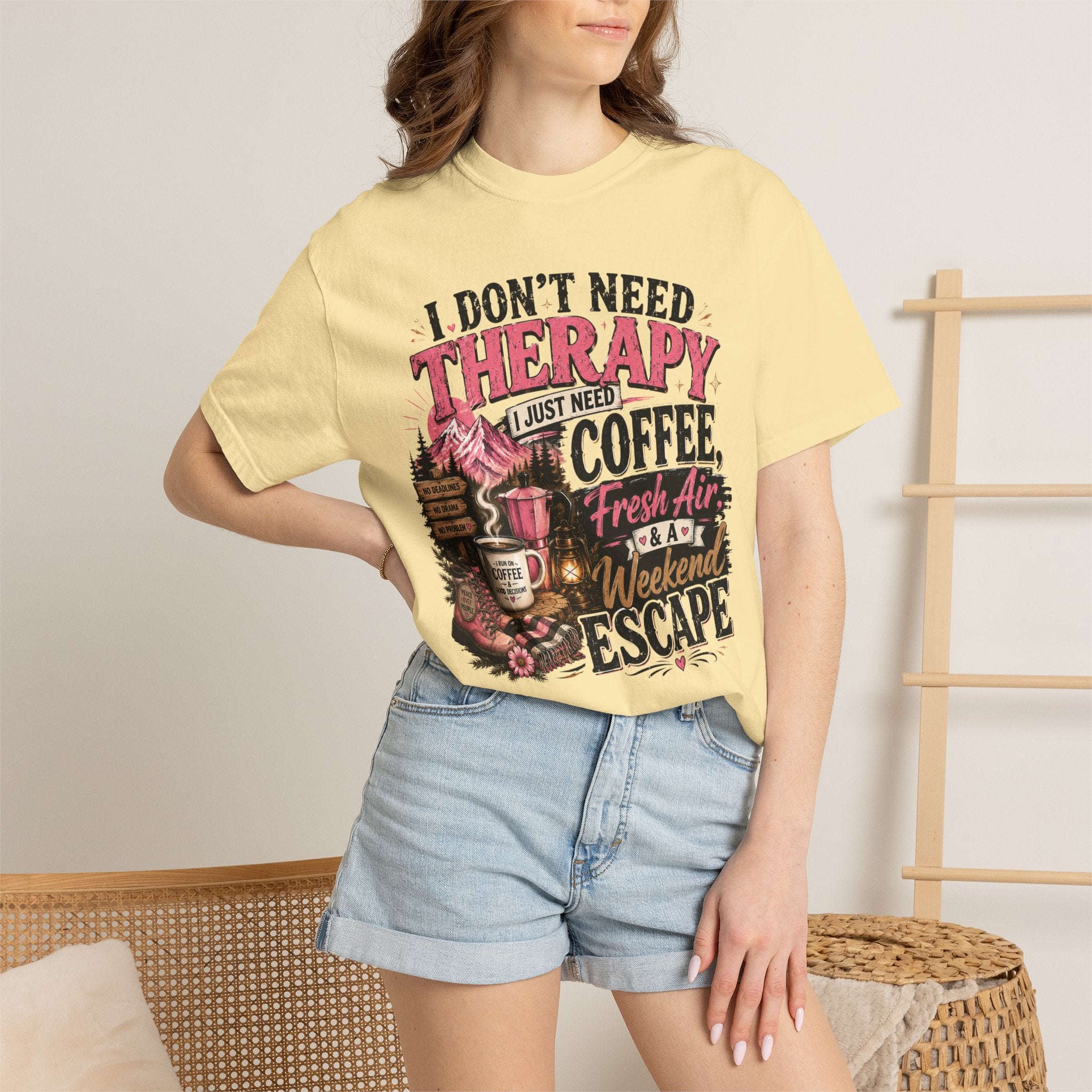 T-Shirt — “I Don’t Need Therapy, I Just Need Coffee, Fresh Air & A Weekend Escape” Vintage Coffee & Outdoors Tee