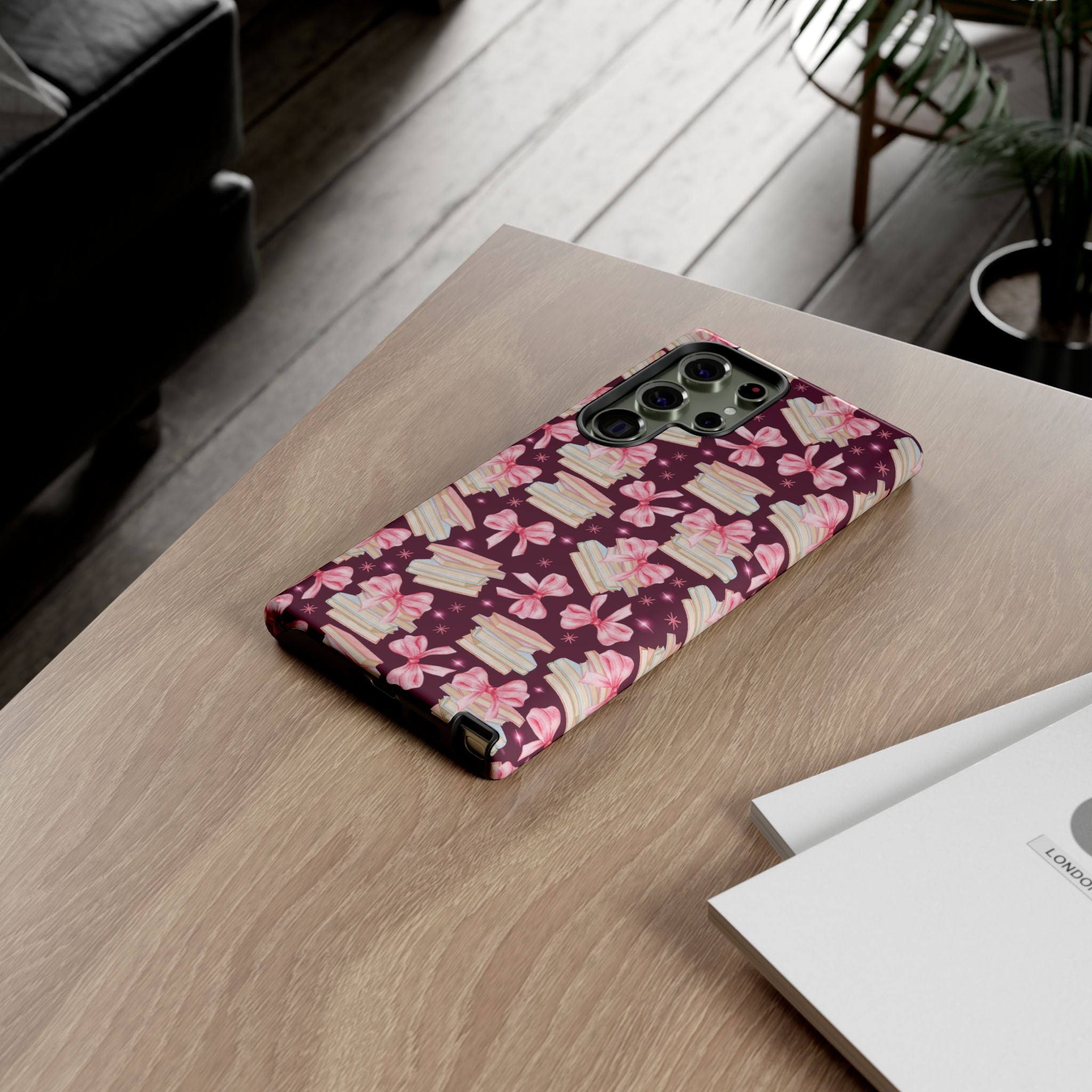 Coquette Pink Bows & Books Phone Case for iPhone 17 and Samsung, Pixel | Stylish Protective Cover Gift for Her Perfect for Floral Lover