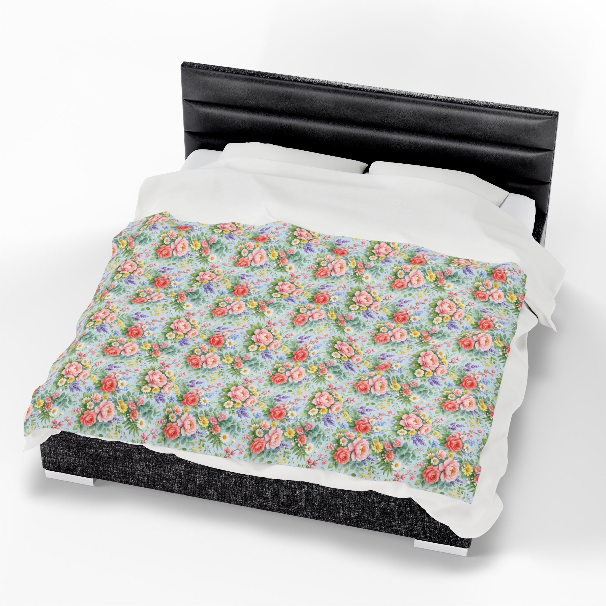 Icy Blue Watercolor Floral Velveteen Plush Blanket — Soft Floral Throw for Cozy Home & Gift