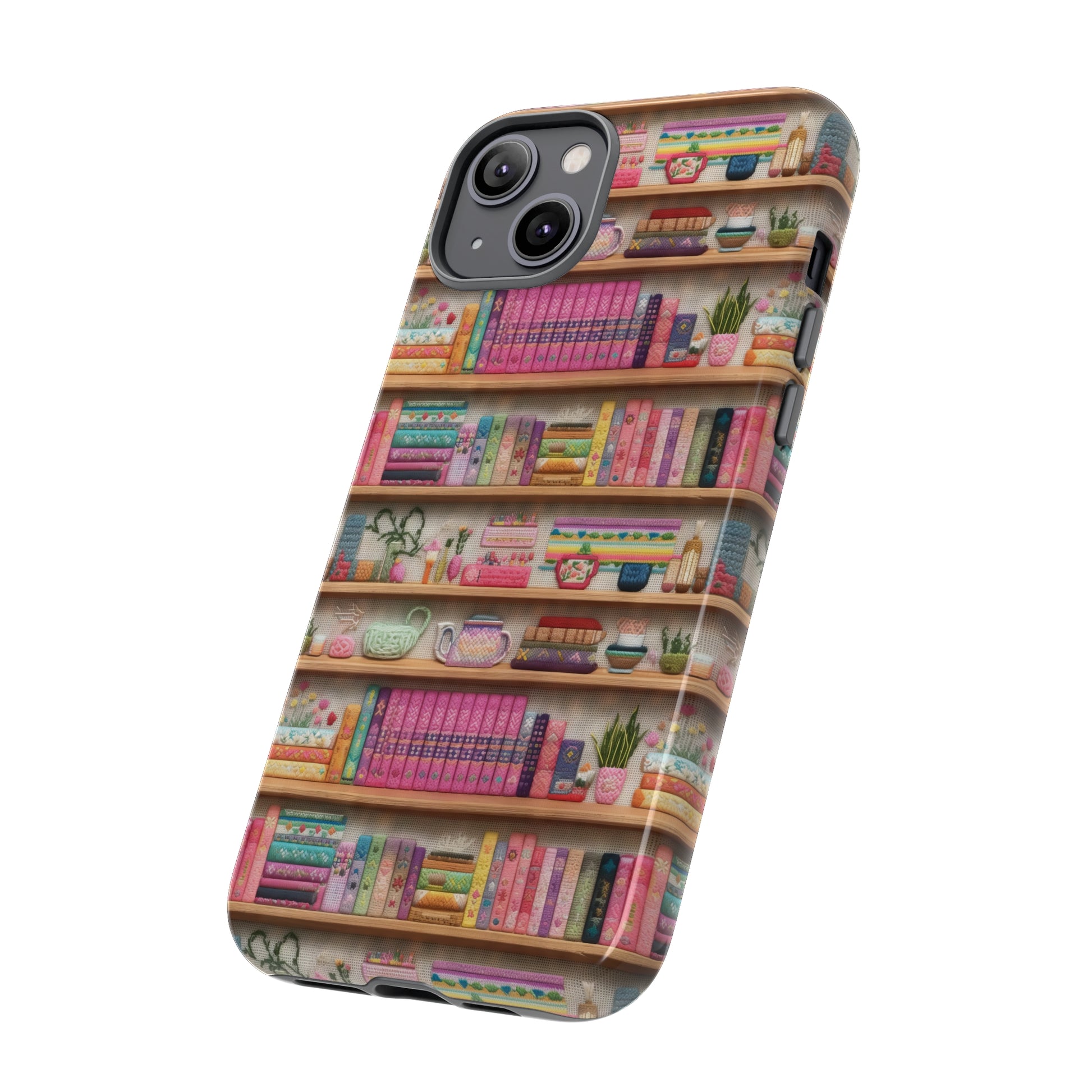 Phone Case 3D Illusion Books & Shelf Embroidery Design with Vibrant Colors Gift for Her Phone 15, Samsung iPhone Samsung Gift for Her Case iPhone 15, Samsung iPhone Samsung Accessory Gift for Her.