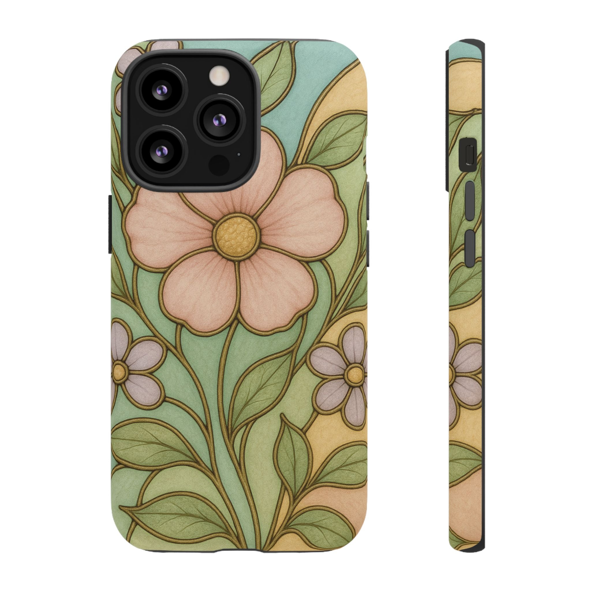 Pastel Pink, Yellow Stain Glass Illusion Floral Phone Case  Romantic Cottagecore Aesthetic, Soft Botanical Design, Protective Gift for Her, Fits iPhone & Samsung Models