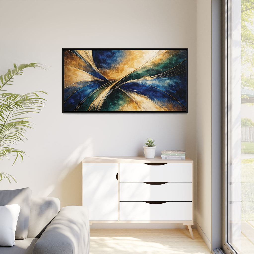 Gilded Convergence  Luxe NeoDeco Blue & Gold Abstract Wall Art Framed