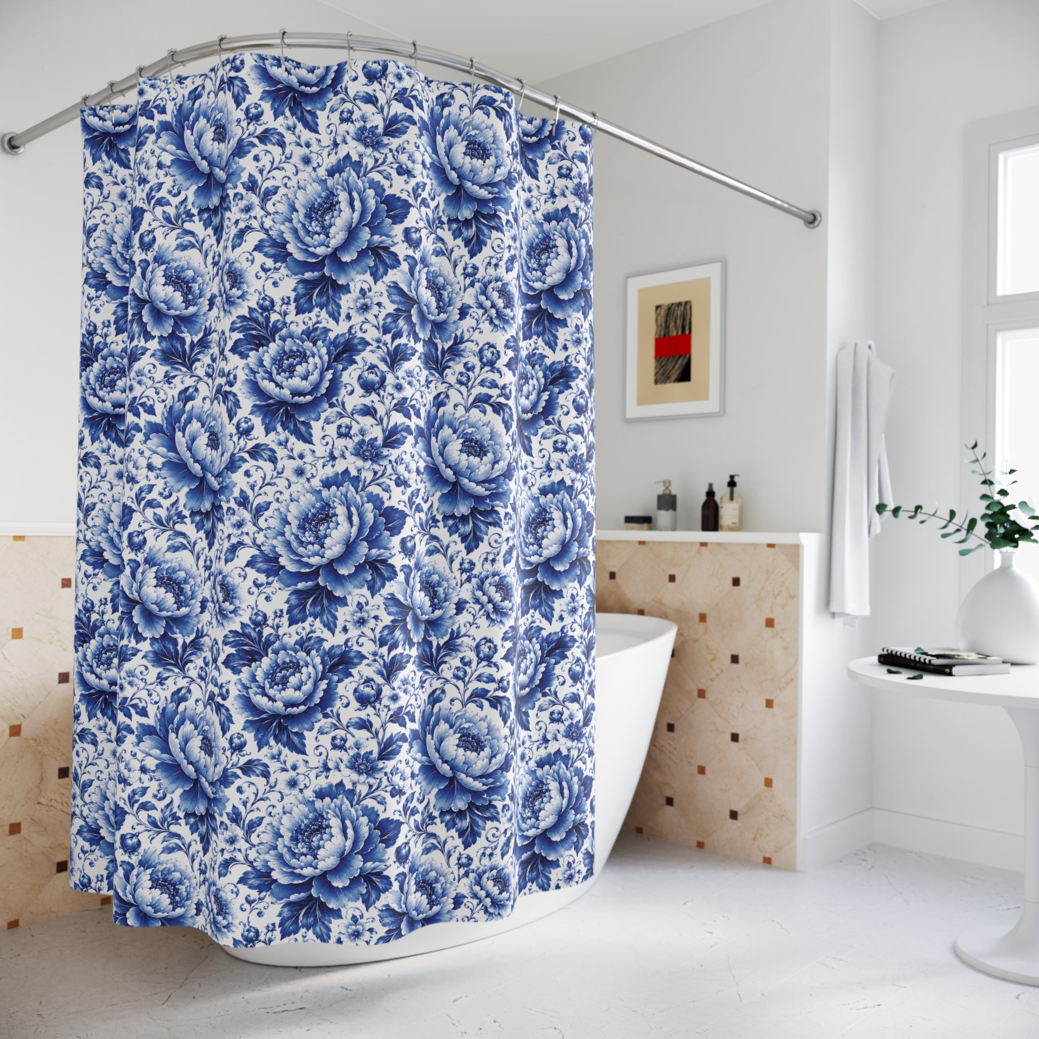 Blue & White Chinoiserie Peony Floral Shower Curtain | Luxury Botanical Bathroom Decor