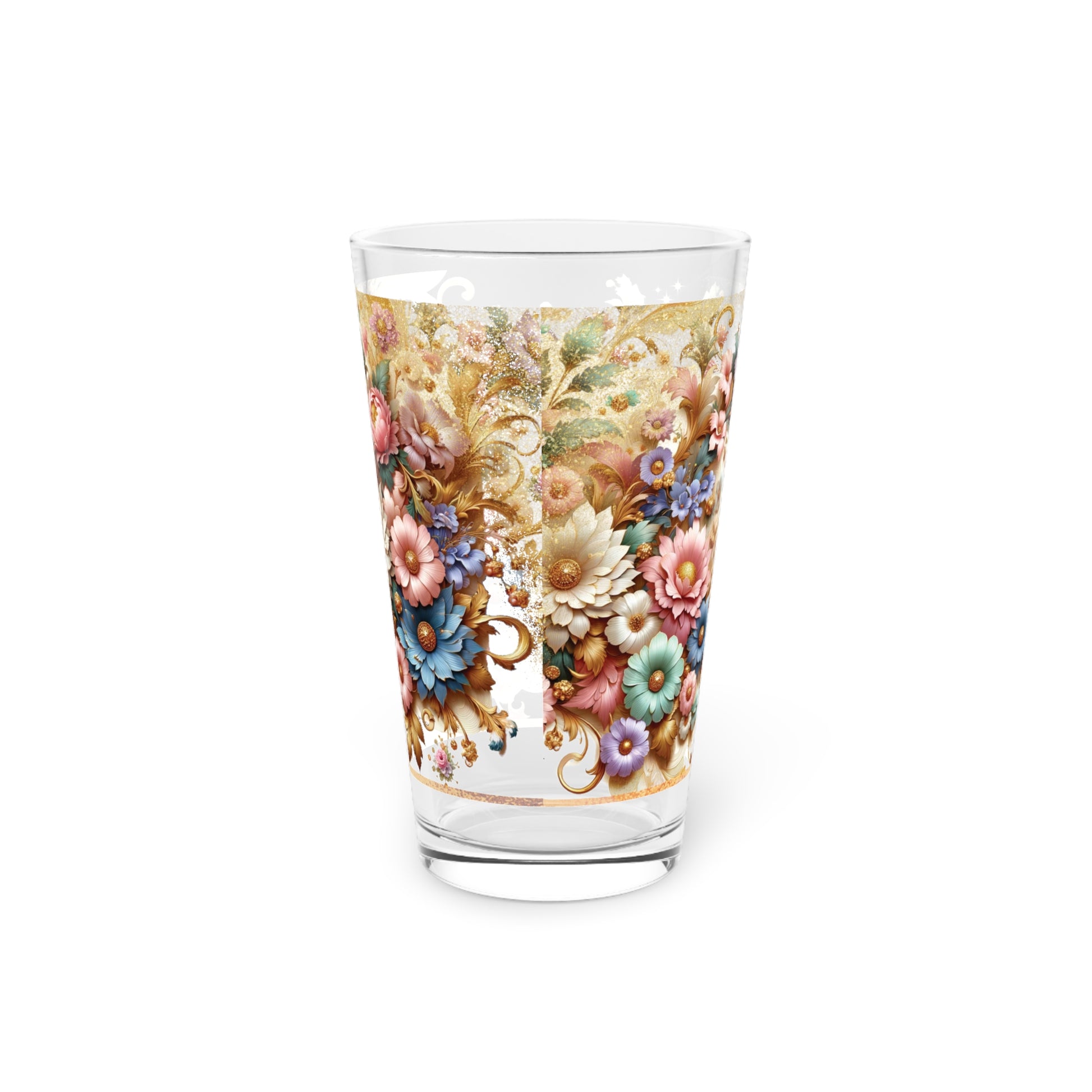 Watercolor Gold Pink Purple Floral 16oz Pint Glass Delicate Blooms for Refreshing Sips Art Gifts, Party Drinkware, Cocktail Glass Housewarming Perfect Gift Party Drinkware, Cocktail, Wedding Perfect for Parties Glassware, New House Gift.