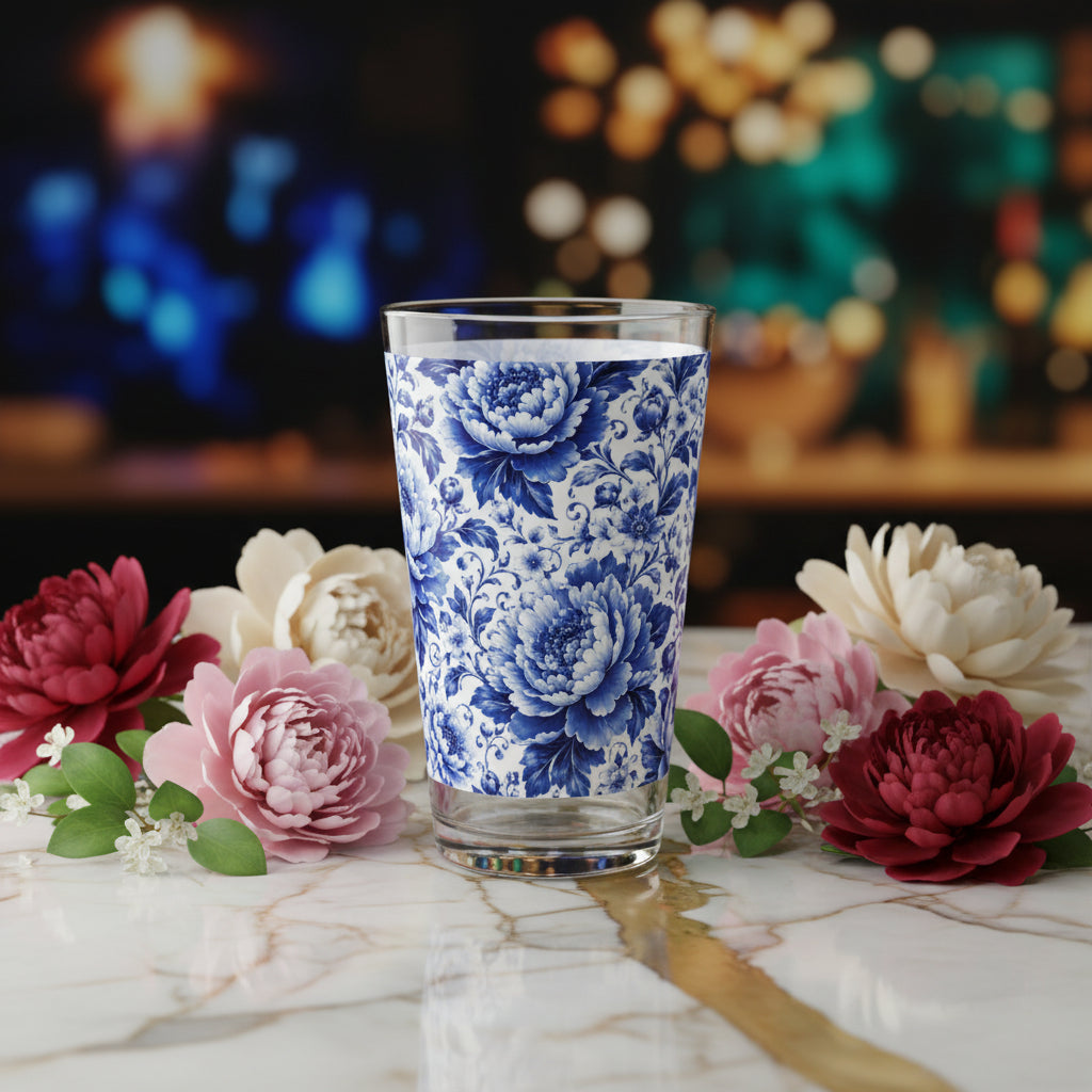 Blue & White Chinoiserie Peony 16 oz Pint Glass | Elegant Floral Drinkware Parties