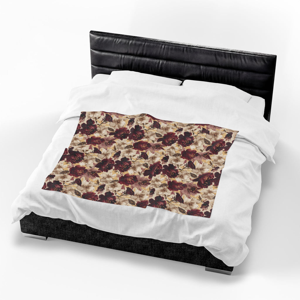 Velveteen Plush Blanket - Vintage Burgundy Rose Floral Throw Cottage