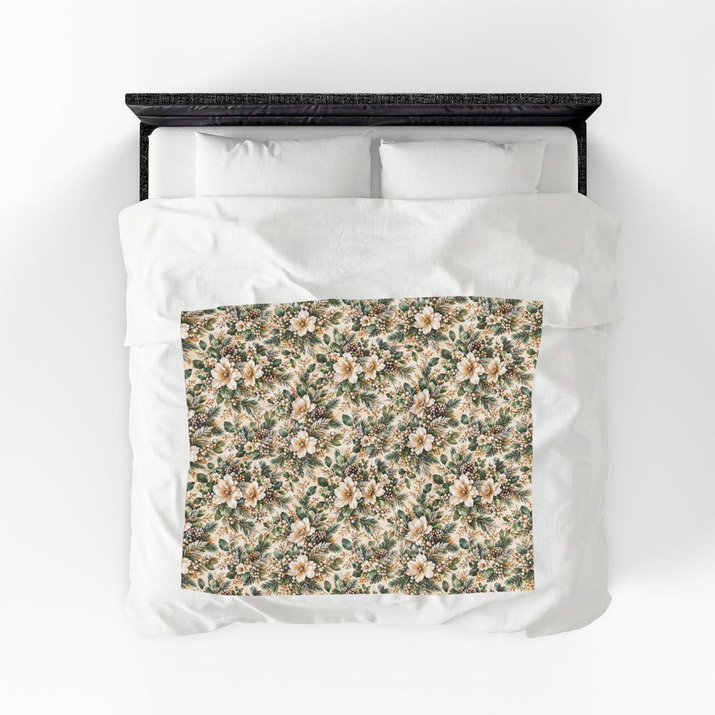 Sage Green & Champagne Floral Velveteen Plush Throw Blanket