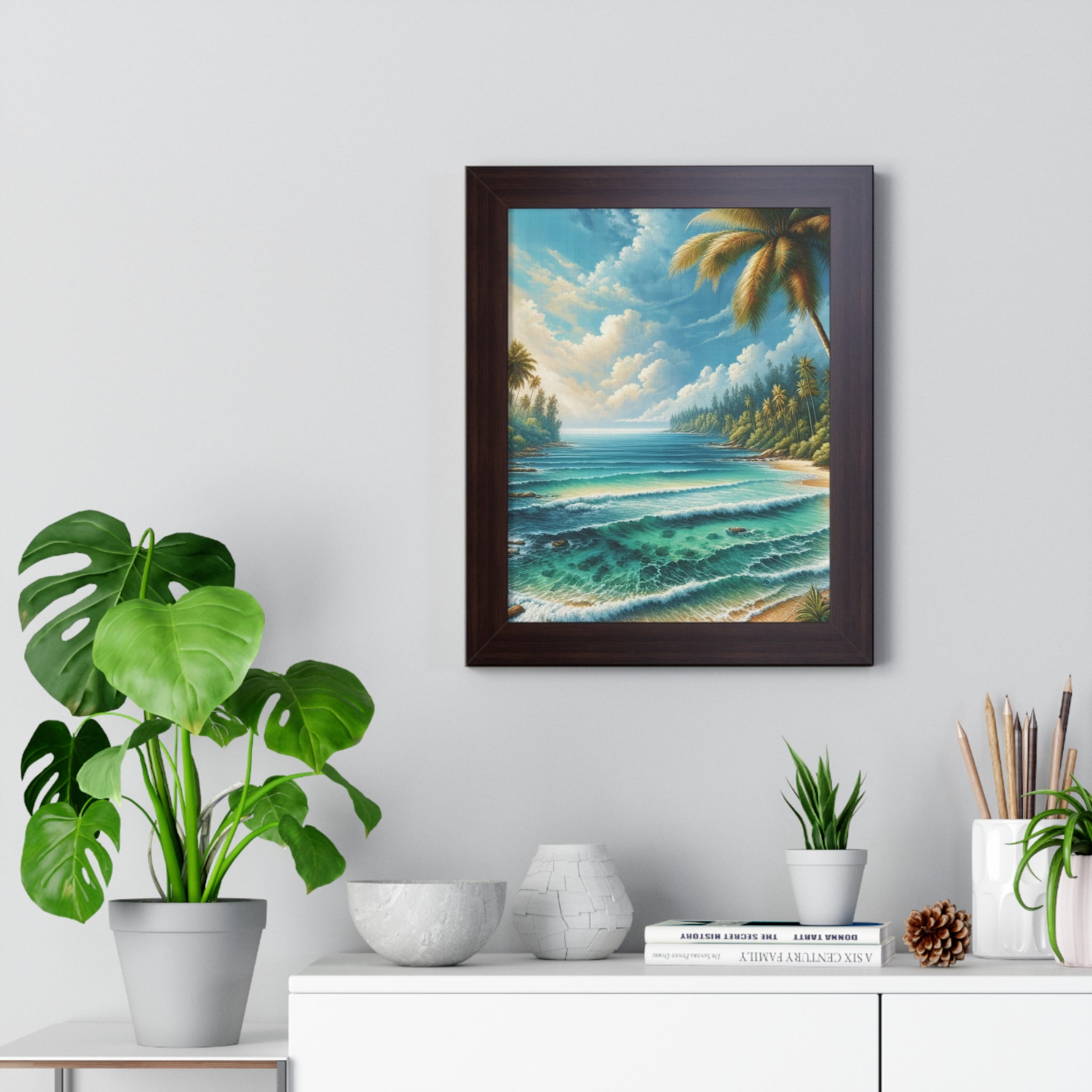 Coastal Bliss Ocean Beach View Framed Canvas Wall Art for Home Decor Framed Canvas Print Wall Art Classic Encased in Black, White, or Walnut Frames with Durable Acrylic Protection Ready to Hang  Timelessly Crafted..
