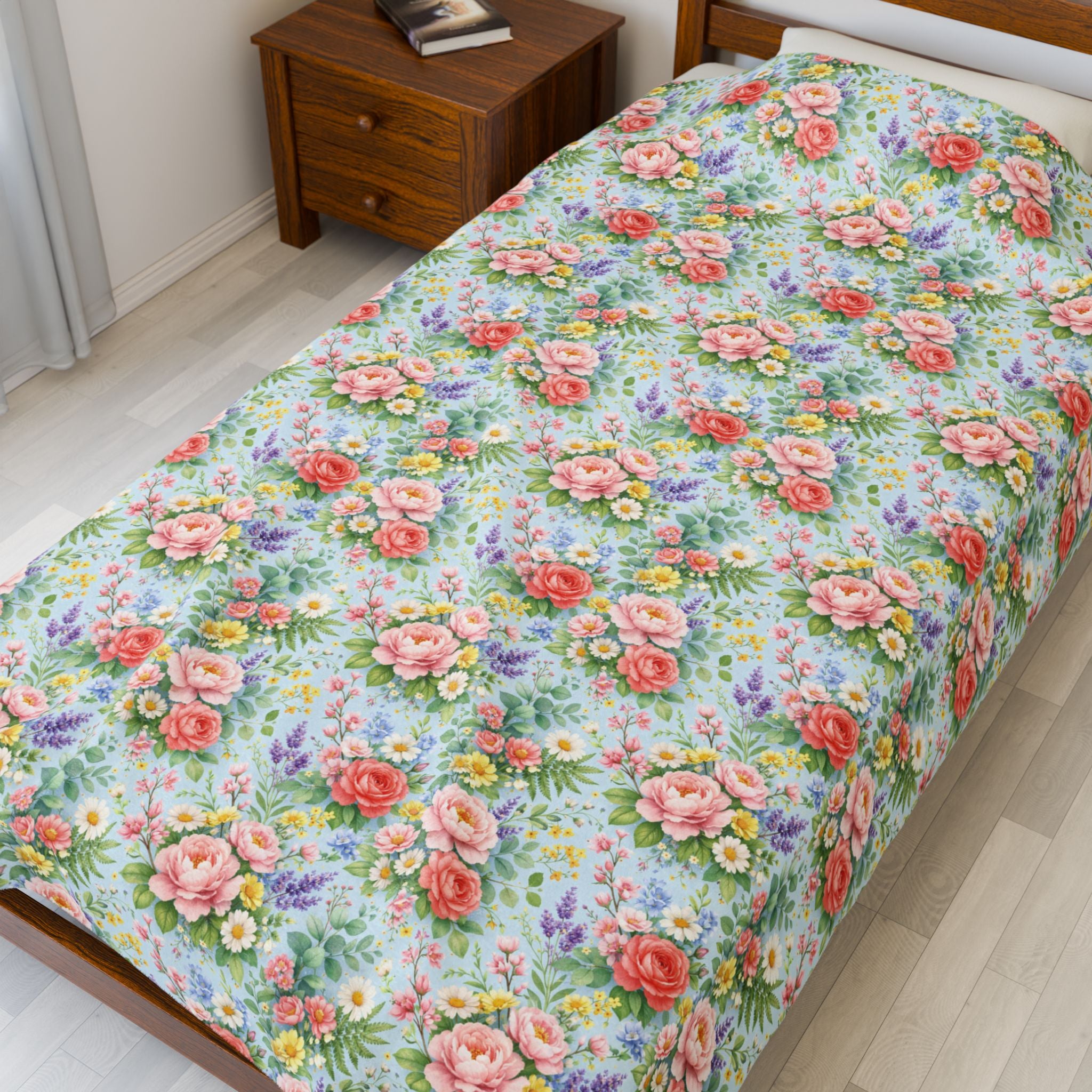 Icy Blue Watercolor Floral Velveteen Plush Blanket — Soft Floral Throw for Cozy Home & Gift