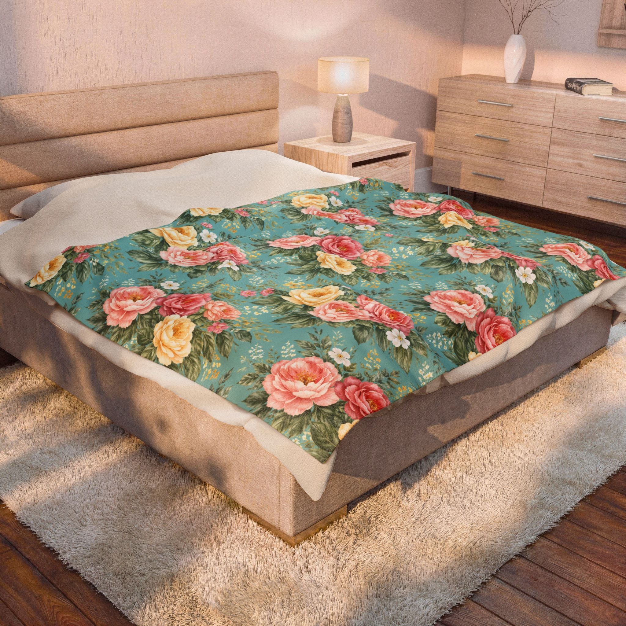 Floral Lagoon Roses Velveteen Plush Blanket | Cozy Luxury Throw