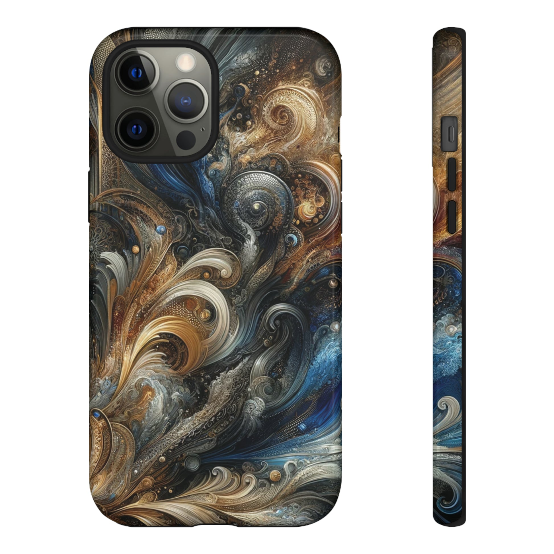 Gold and Navy Art Design Luxury Phone Tough Case Floral Elegant Durable Stylish for Modern Devices iPhone 15, Samsung iPhone Samsung Accessory Gift for Her.
