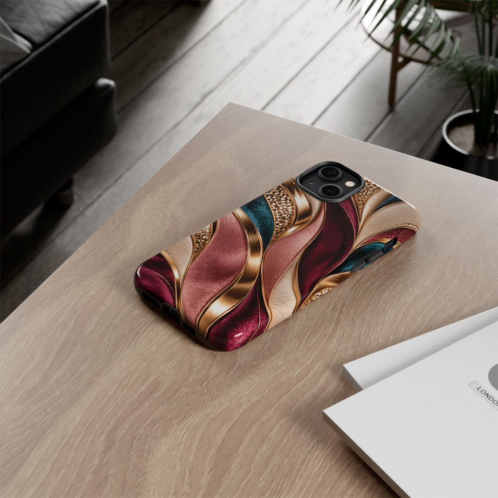 Lux Marble Waves Phone Case Metallic Burgundy, Teal Gold Protective Cover iPhone 18
