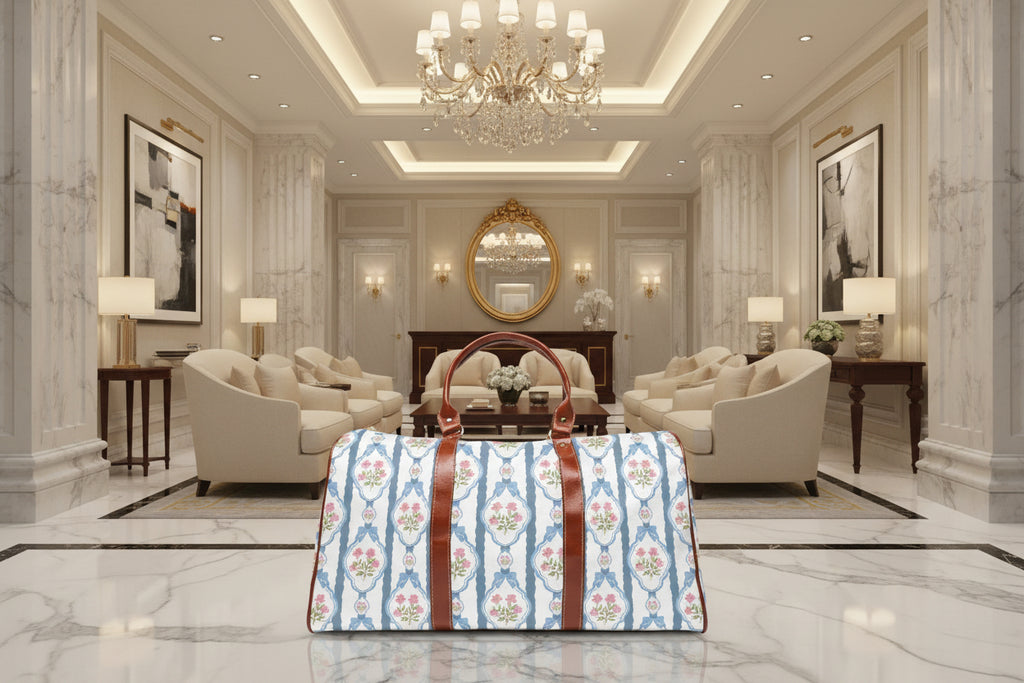 Patterned duffel bag with brown handles on a white background