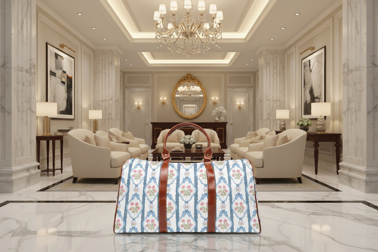 Patterned duffel bag with brown handles on a white background