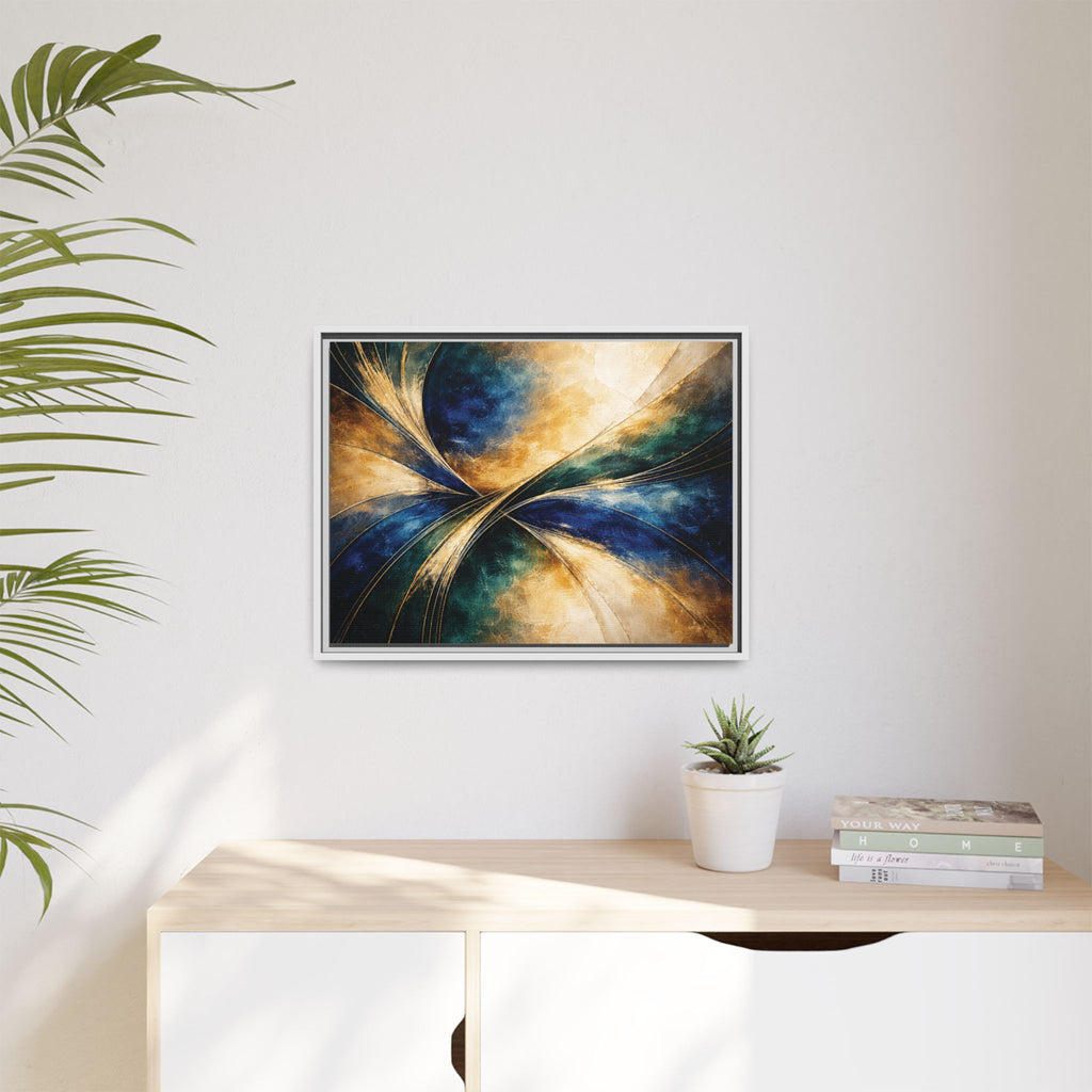 Gilded Convergence  Luxe NeoDeco Blue & Gold Abstract Wall Art Framed