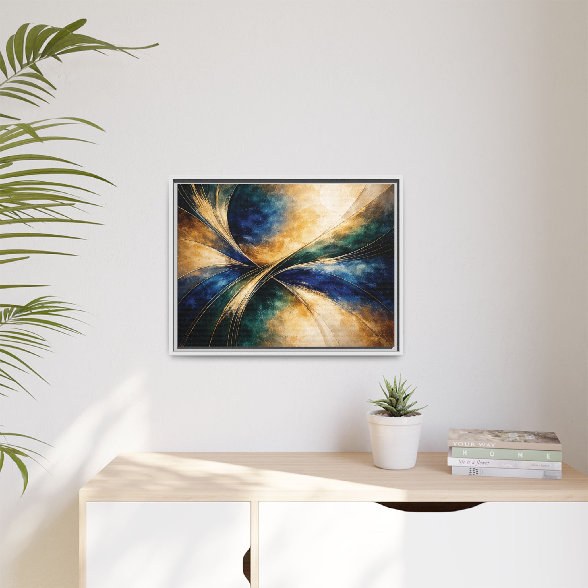 Gilded Convergence  Luxe NeoDeco Blue & Gold Abstract Wall Art Framed