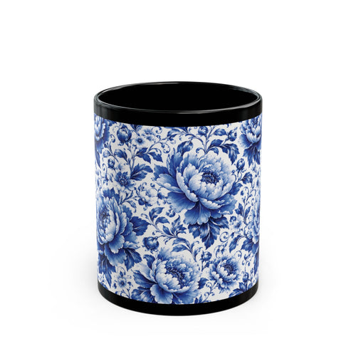 Blue Floral Porcelain Pattern Mug Elegant Black Ceramic Coffee Cup (11oz/15oz) Blue & White Chinoiserie Tea Cup