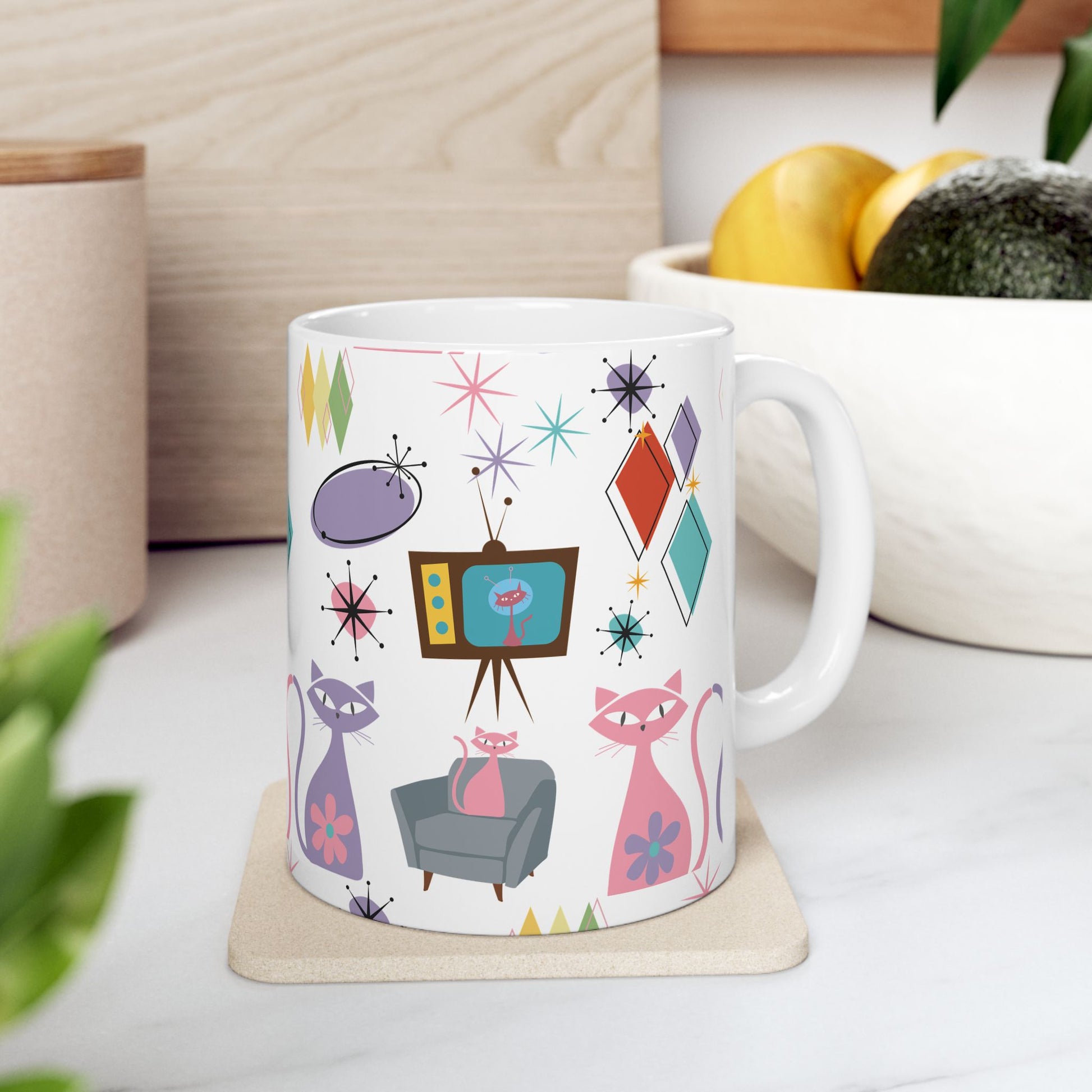 Retro Atomic Cat Mug,  Mid Century Modern Coffee Cup, Vintage Kitty Design , 11oz & 15oz Ceramic Mug for Cat Lovers Gift for Mom and Coffee Lover