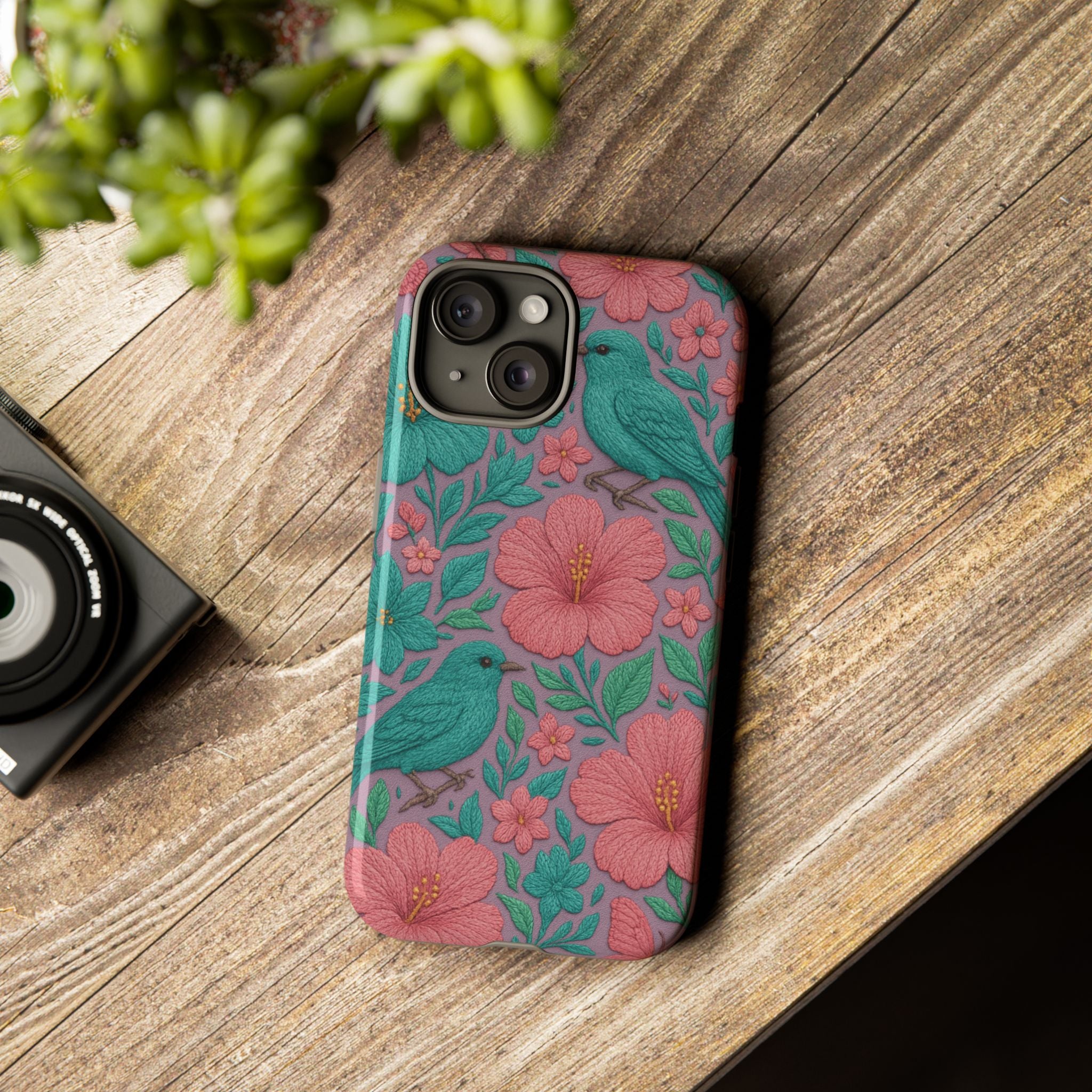 Turquoise, Pink and Lavender 3D Embroidery Illusion Phone Case Tropical Flowers, Birds & Butterflies Cover with Bold, Realistic Floral Texture iPhone, Samsung