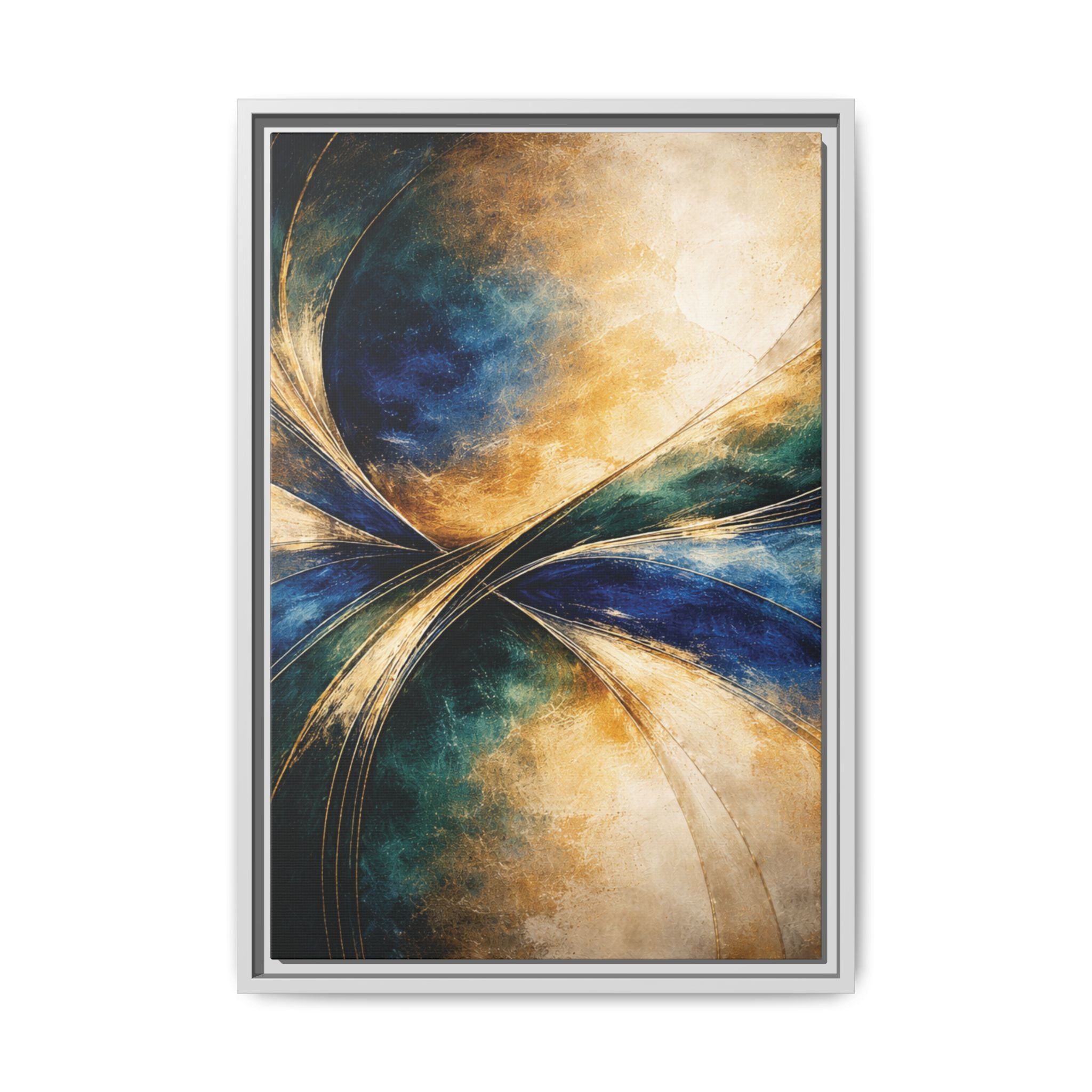 Gilded Convergence  Luxe NeoDeco Blue & Gold Abstract Wall Art Framed