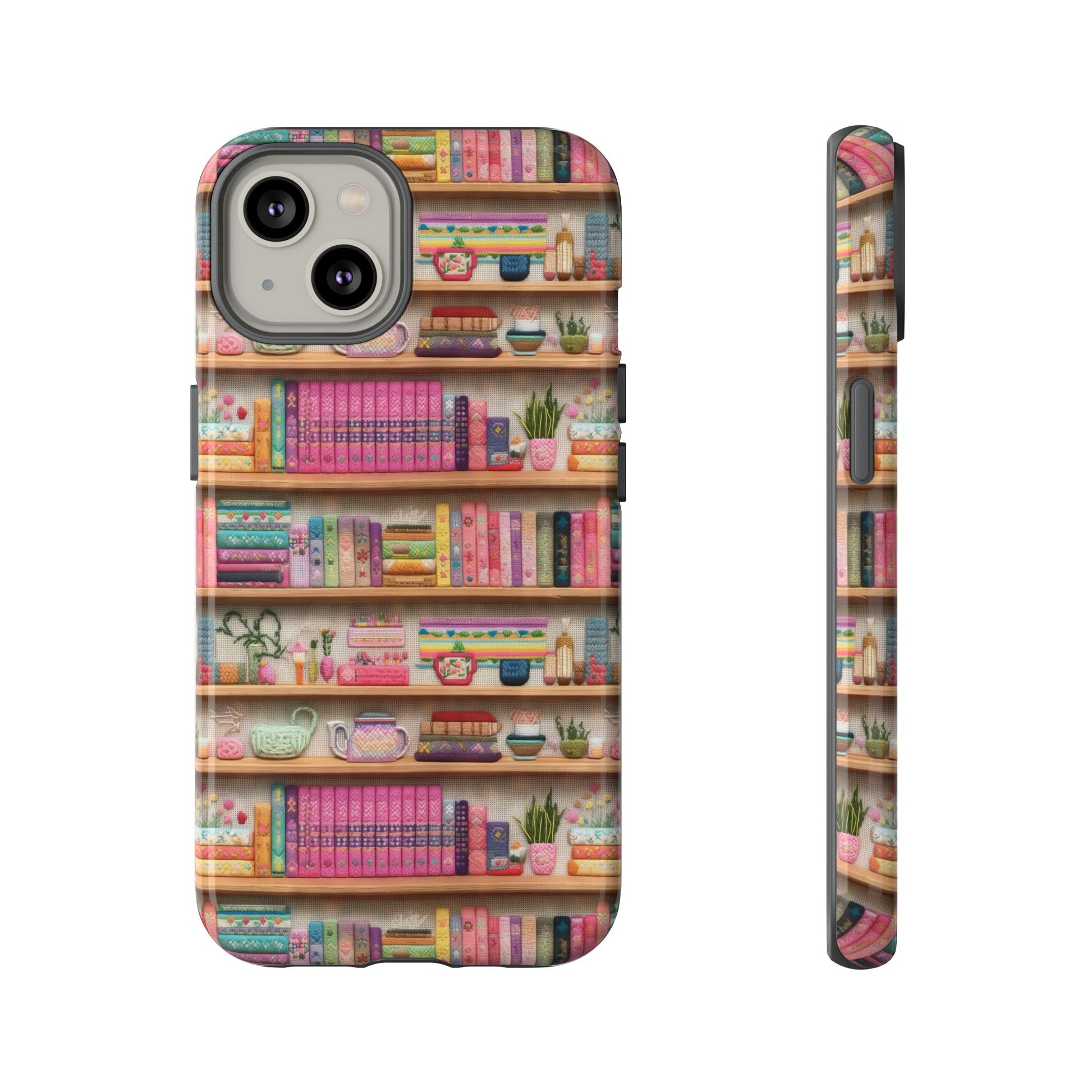 Whimsical 3D Embroidery Illusion Books on Pastel Shelves Phone Case for iPhone, Samsung & Pixel: Unique Accessory for Literary Enthusiasts Gift for Her Perfect for Floral Lover
