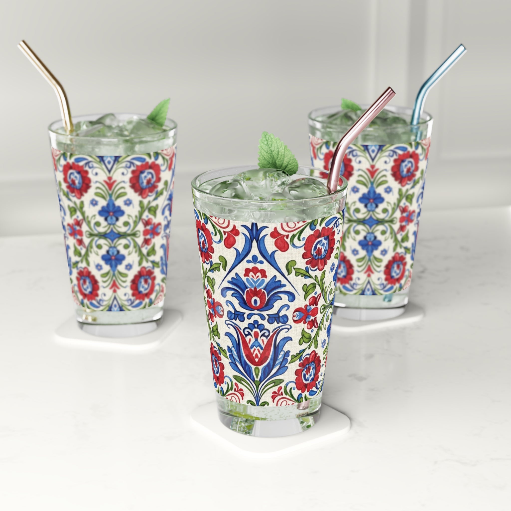 Kashubian Folk Art Polish Pint Glass, Barware Gift, Drinkware, Unique Glassware, Hand Painted Glass, Folk Art Decor