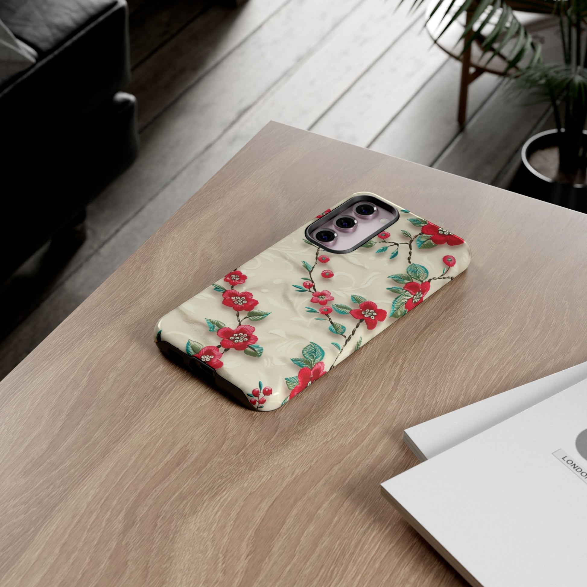 3D Embroidery Illusion Red Flowers Phone Case for iPhone, Samsung Pixel Artistic Floral Protection 15 14 13 12, 21 23 Gift for Her Perfect for Floral Lover