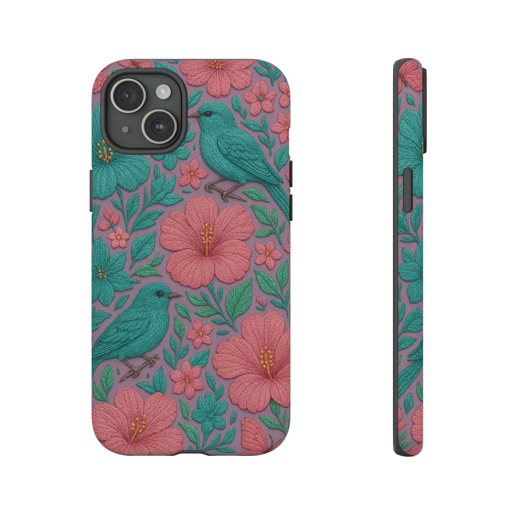 Turquoise, Pink and Lavender 3D Embroidery Illusion Phone Case Tropical Flowers, Birds & Butterflies Cover with Bold, Realistic Floral Texture iPhone, Samsung