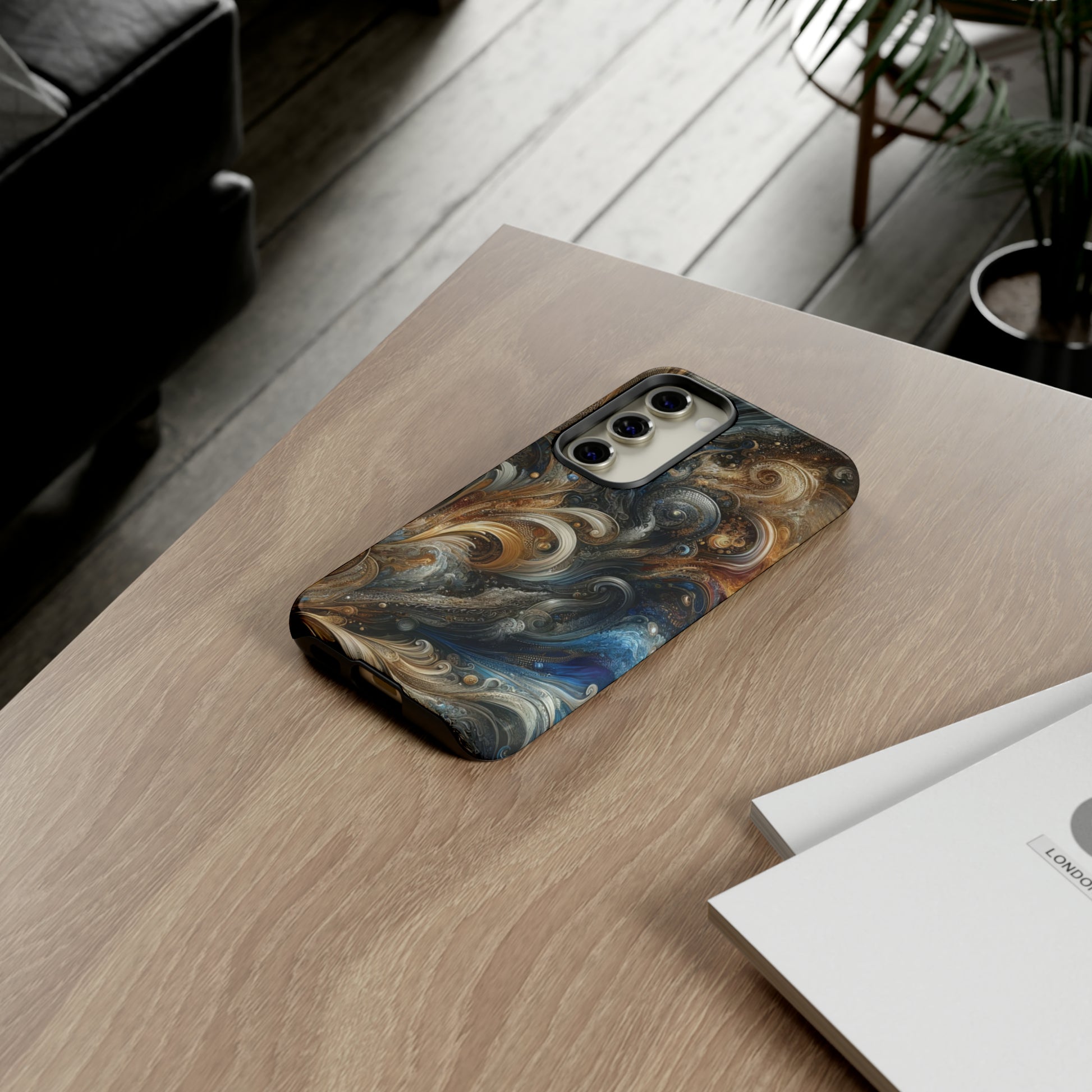 Gold and Navy Art Design Luxury Phone Tough Case Floral Elegant Durable Stylish for Modern Devices iPhone 15, Samsung iPhone Samsung Accessory Gift for Her.