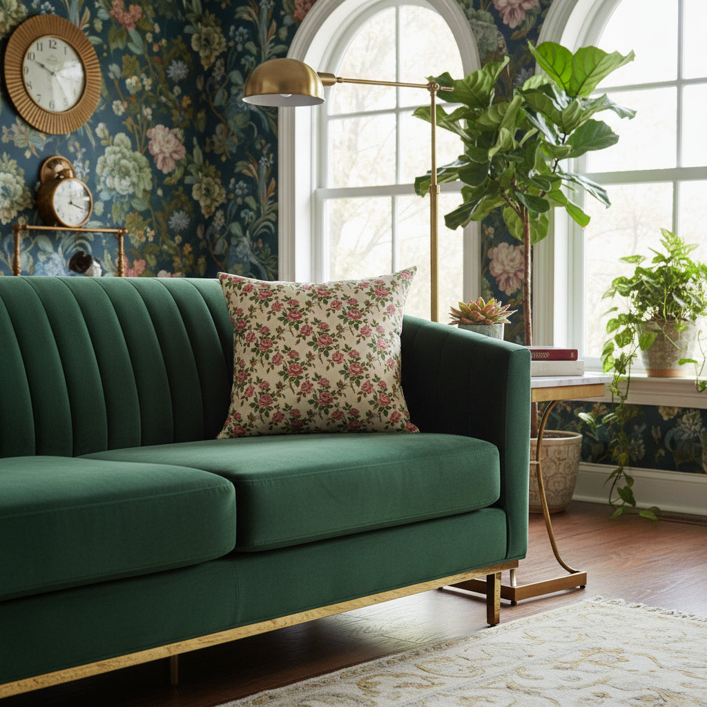 Floral patterned pillow on a white background