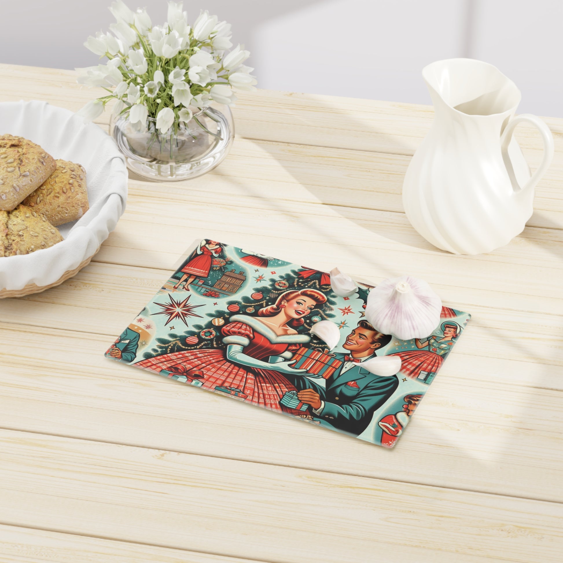 Vintage Charm Glass Cutting Board Retro 50s Starburst Kitsch Art Design Tempered Glass Cutting Board Durable Kitchen Decor with Elegant Design, Housewarming, New House Gift - MRSBYVALLE