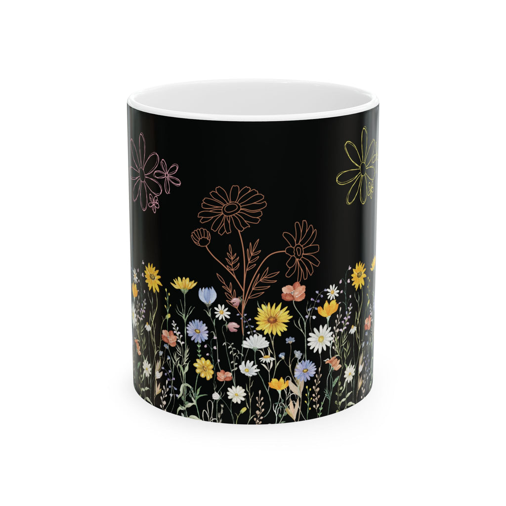 Tasse à café motif fleurs sauvages – 325 ml et 445 ml | Noire avec fleurs sauvages colorées, Tasse florale esthétique, Cadeau inspiré de la nature, Tasse compatible lave-vaisselle et micro-ondes pour maman