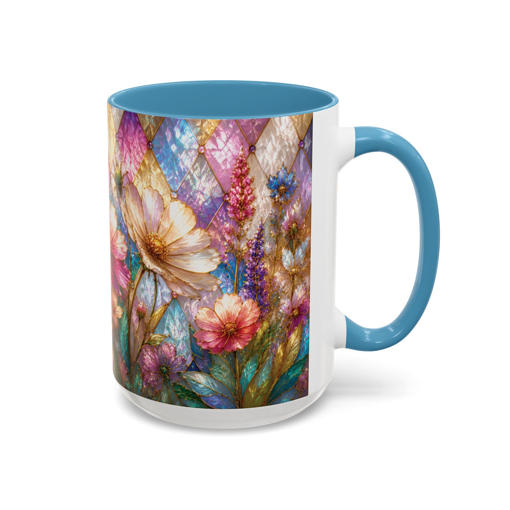 Floral Mosaic Accent Coffee Mug — Colorful Garden Flowers 11/15oz Stain Glass Illusion