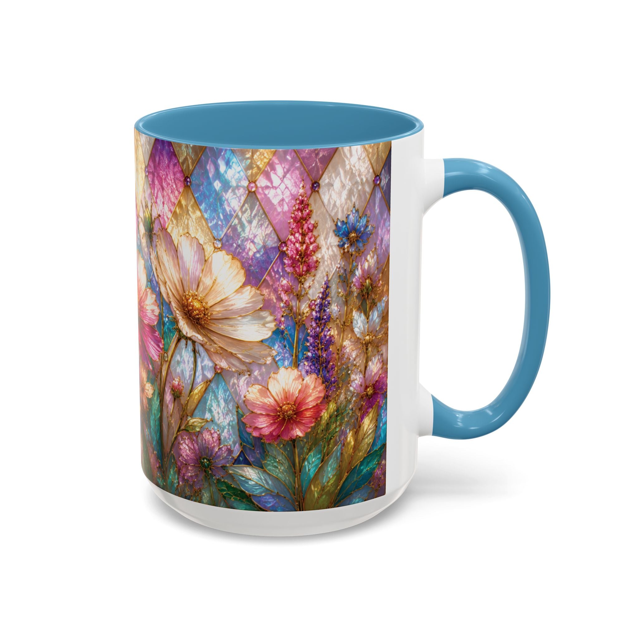 Floral Mosaic Accent Coffee Mug — Colorful Garden Flowers 11/15oz Stain Glass Illusion