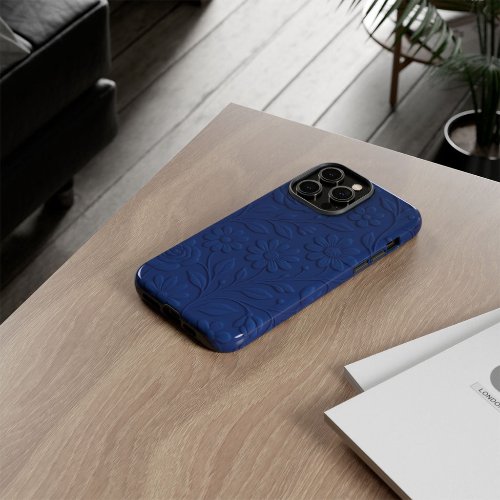 3D Illusion Floral Cobalt Blue Phone Case Elegant Raised Flower Design, Seamless Textured Look, Durable & Stylish Protection for iPhone and Android Models Fits iPhone & Samsung Models