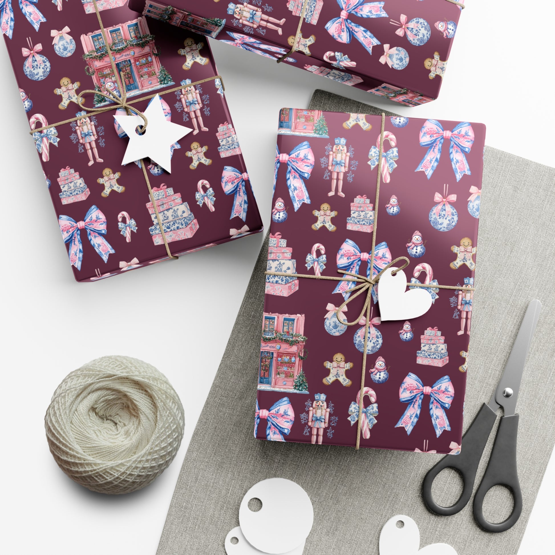 Pink & Blue Nutcracker Christmas Wrapping Paper with Bows & Holiday Elements – Ideal for Festive Gift Wrapping, Adding Cheer & Charm to Every Present Gifts - MRSBYVALLE