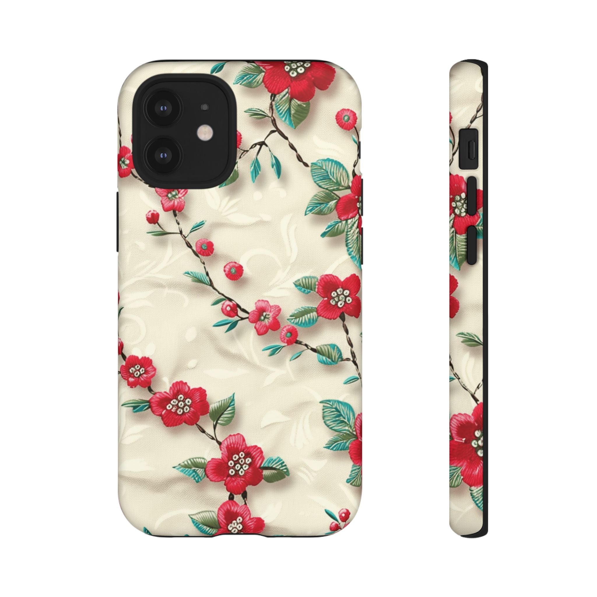 3D Embroidery Illusion Red Flowers Phone Case for iPhone, Samsung Pixel Artistic Floral Protection 15 14 13 12, 21 23 Gift for Her Perfect for Floral Lover