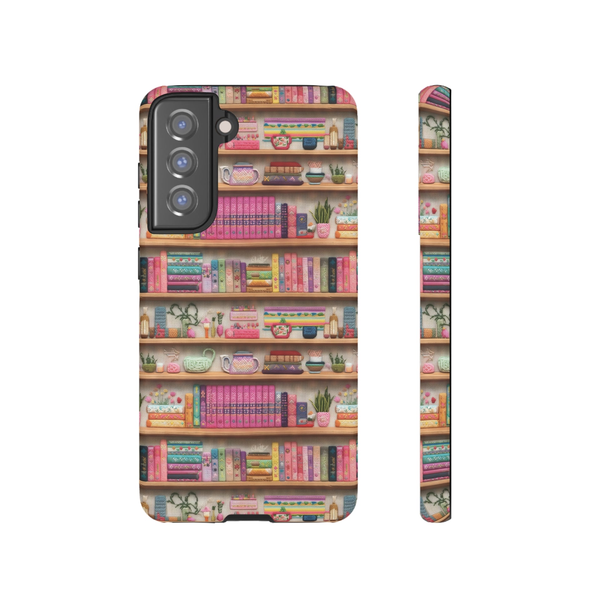 Phone Case 3D Illusion Books & Shelf Embroidery Design with Vibrant Colors Gift for Her Phone 15, Samsung iPhone Samsung Gift for Her Case iPhone 15, Samsung iPhone Samsung Accessory Gift for Her.