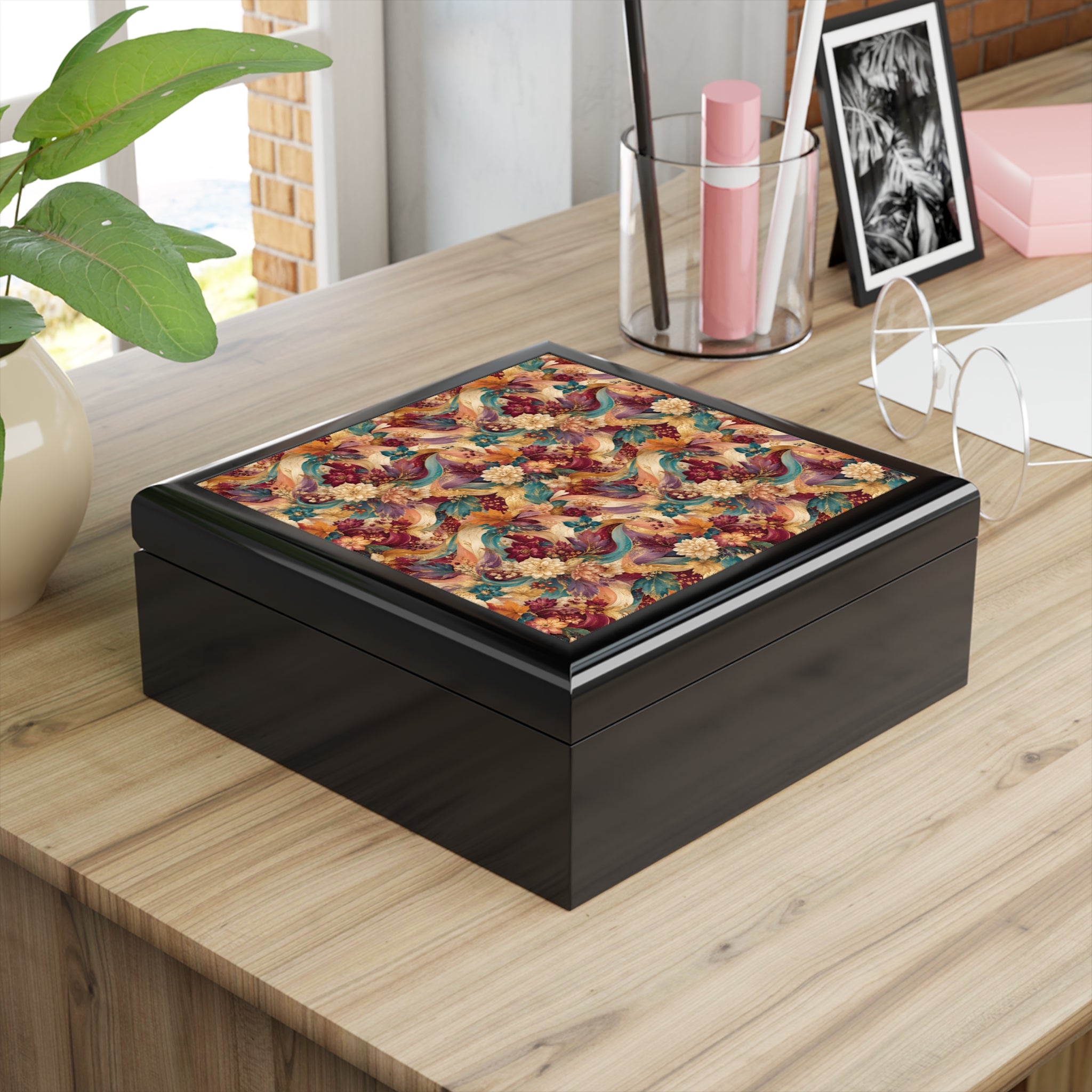 Floral Peacock Pattern Jewelry Box — Decorative Keepsake Box with Vintage Botanical Design