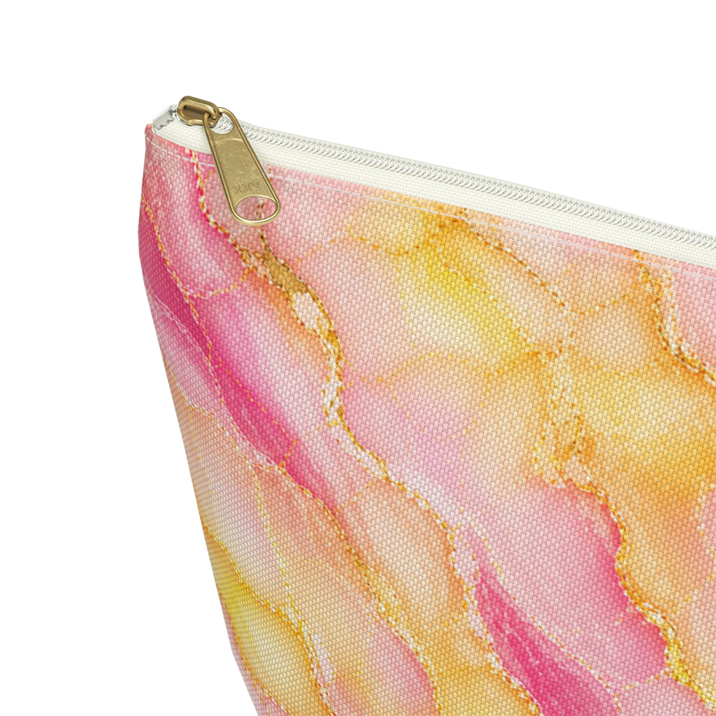 Trousse de Maquillage en Marbre Aquarelle Rose et Or – Sac à Accessoires à Fond Plat