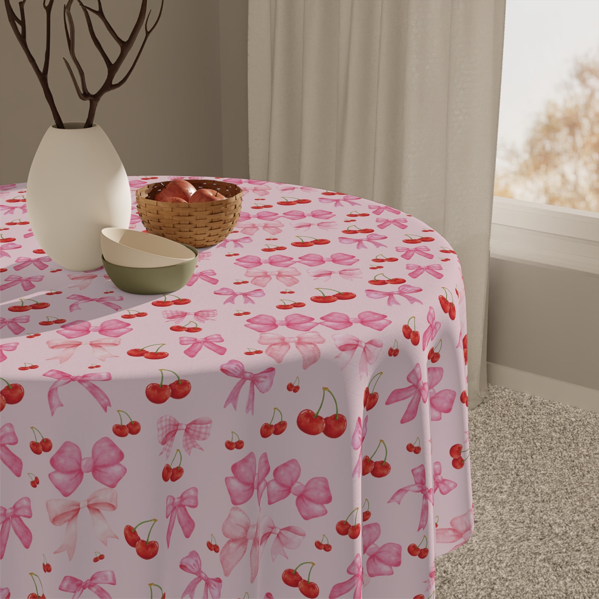 Tablecloth Whimsical Elegance with Coquette Cherry Ribbon Bows Design for Dining Any Dining Room, Kitchen Table or Outdoor Setting for Home, Weddings, Birthdays all Events Durable & Stylish for All Occasions.