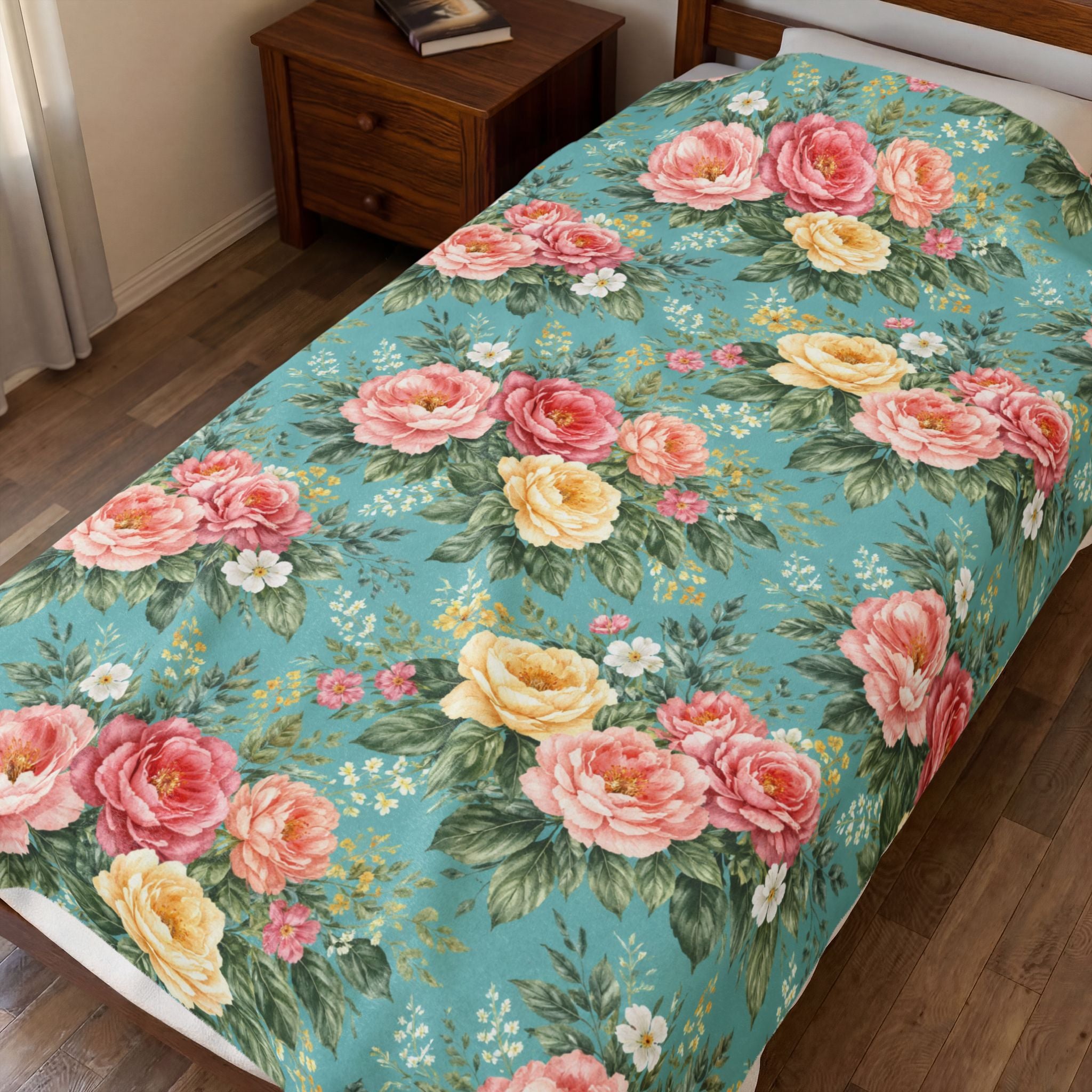 Floral Lagoon Roses Velveteen Plush Blanket | Cozy Luxury Throw