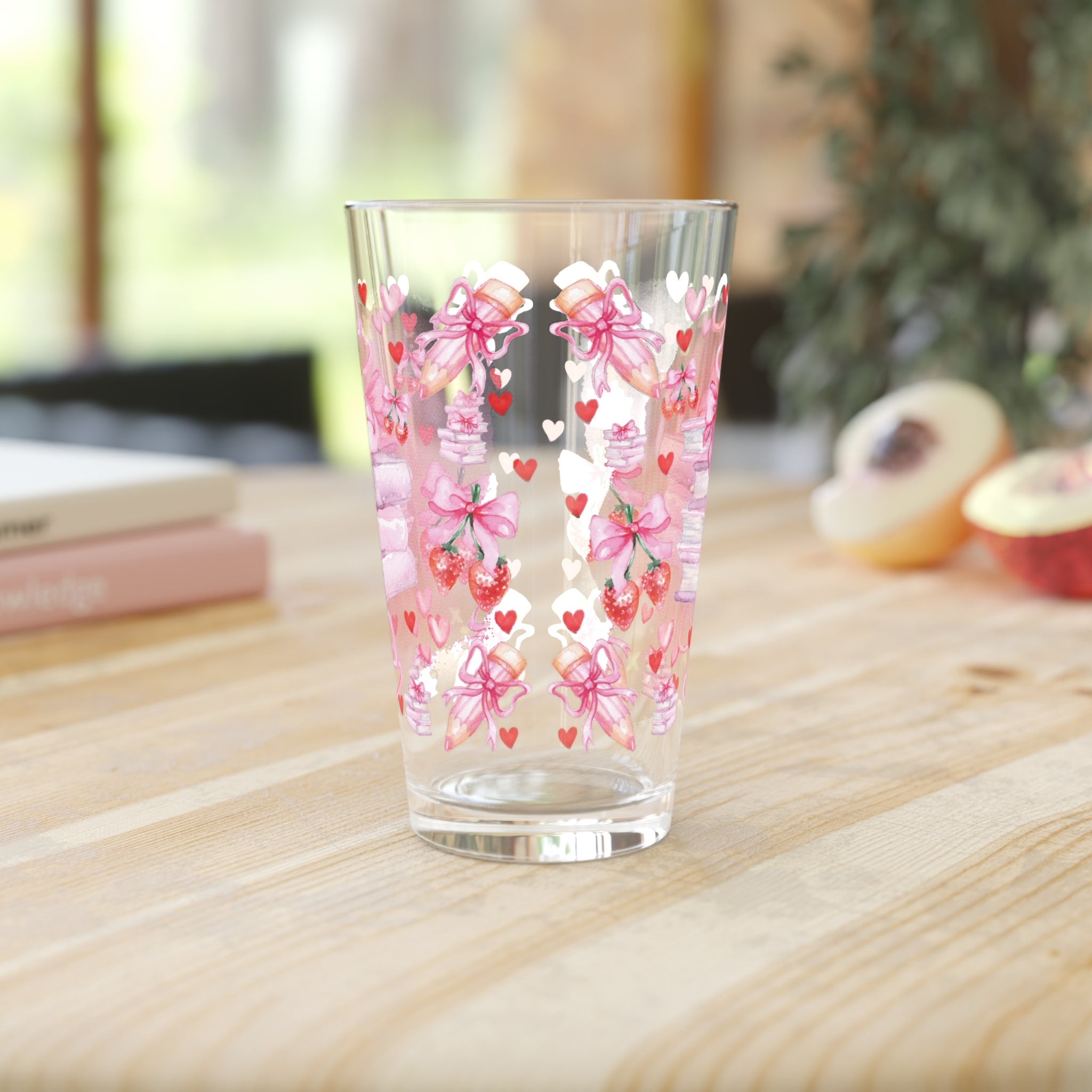 Romantic Pink Books and Bows Pint Glass | 16oz Party Drinkware Book Lover
