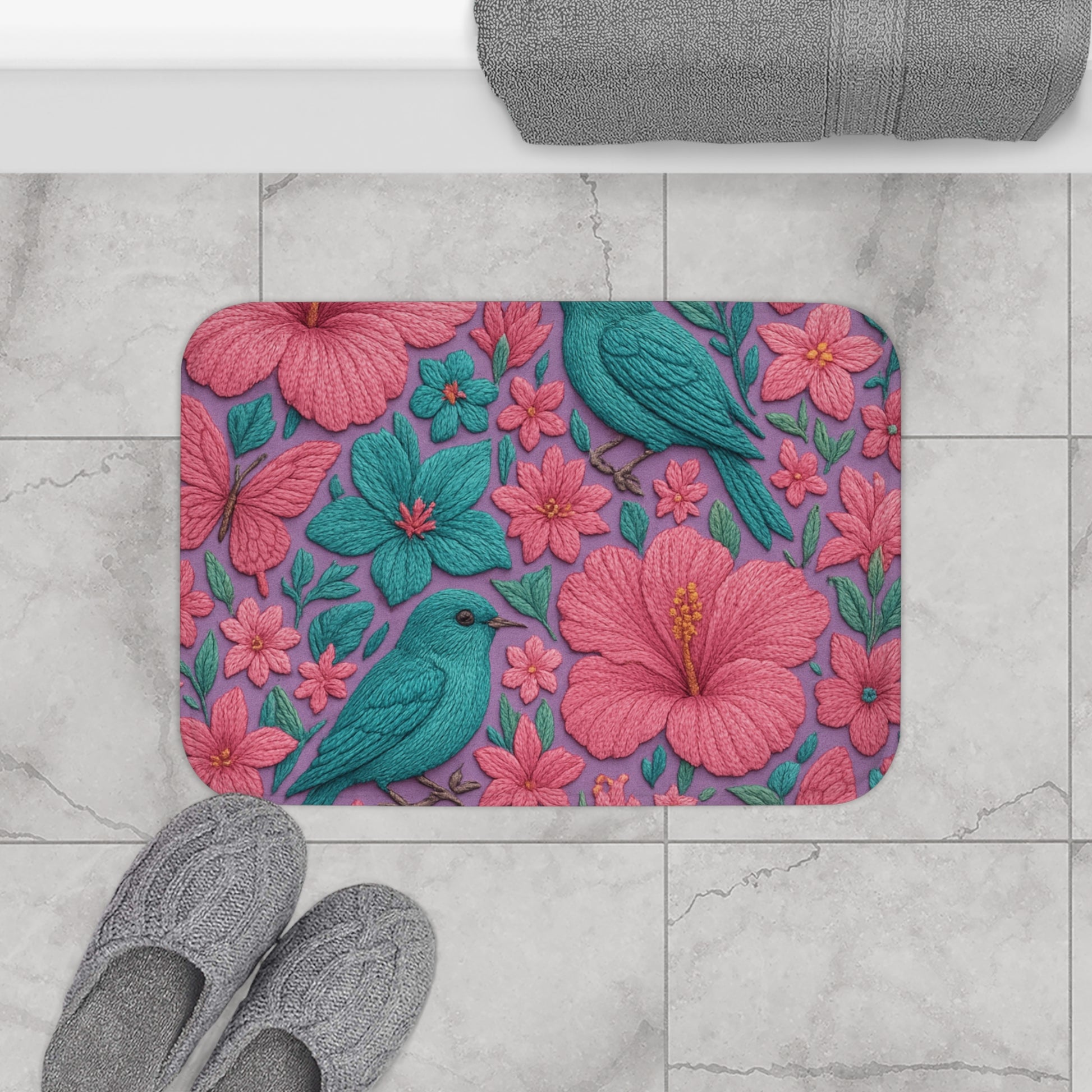 Turquoise, Pink & Lavender 3D Embroidery Illusion Bathmat Tropical Floral Print with Birds & Butterflies for a Bold, Elegant Bathroom Upgrade Comfort Home