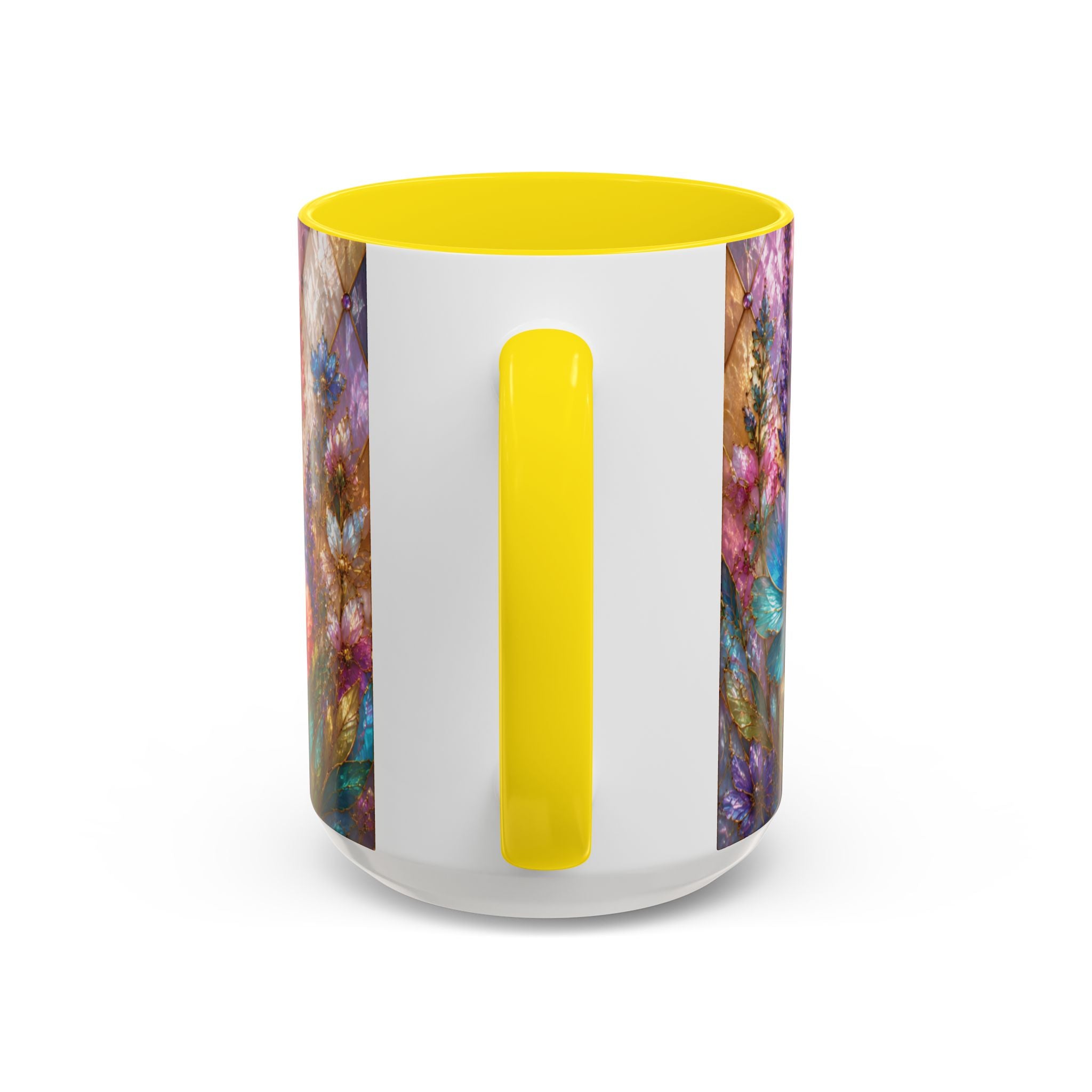 Floral Mosaic Accent Coffee Mug — Colorful Garden Flowers 11/15oz Stain Glass Illusion