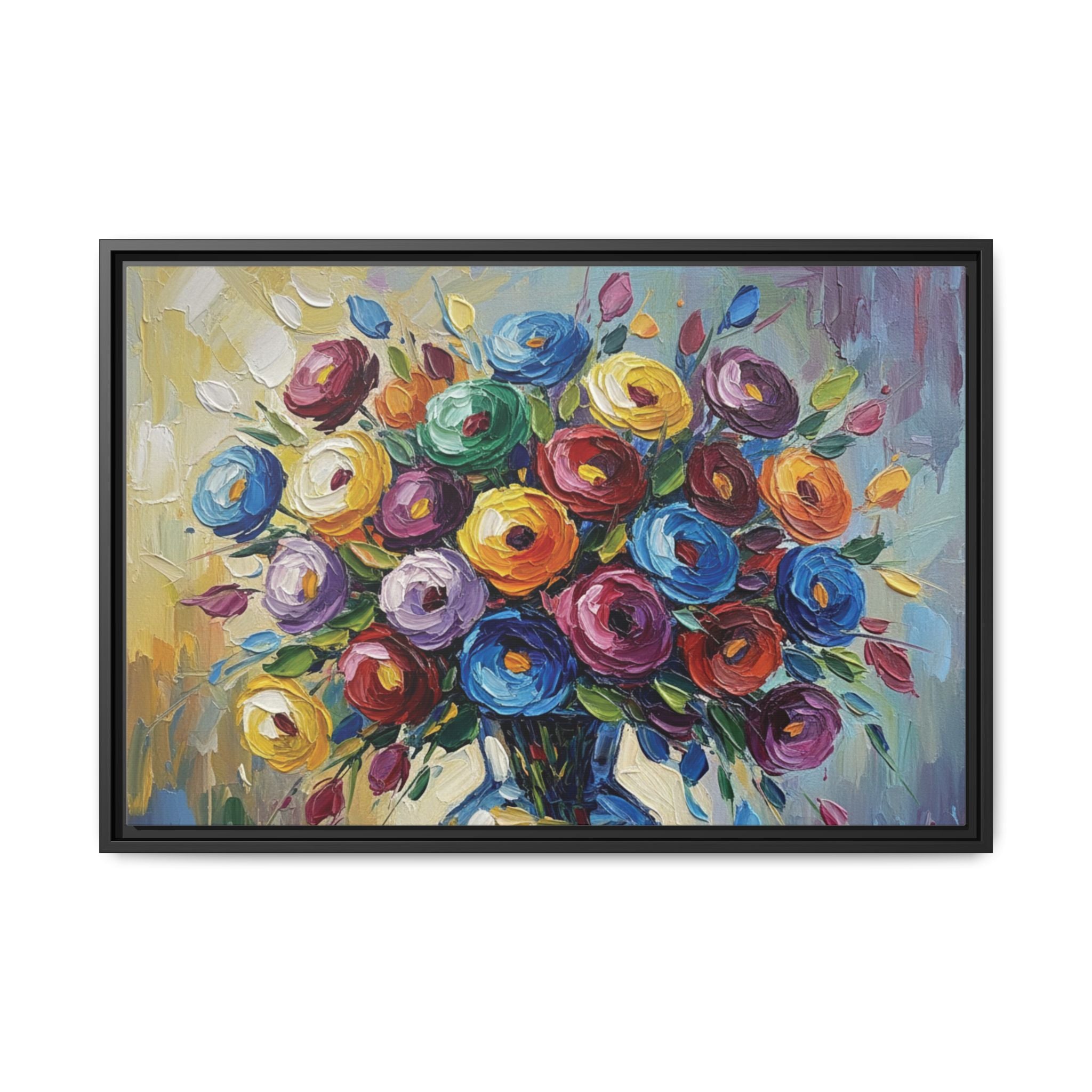 Impression sur toile bouquet floral aquarelle - Tableau mural encadré mat - Illusion de peinture à l'huile vibrante